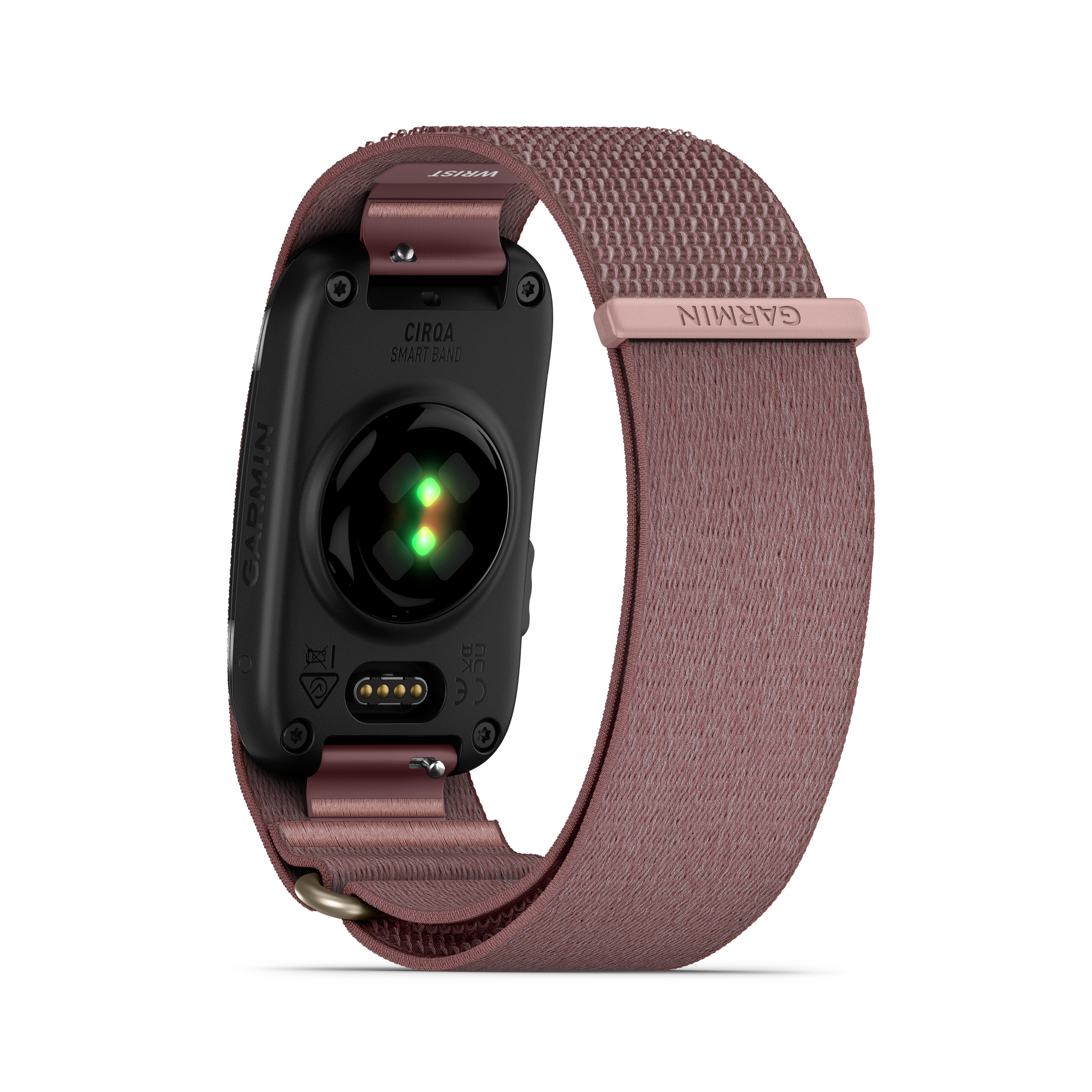 Garmin Smartband Rückseite mit Herzfrequenzsensor und rosa Band.