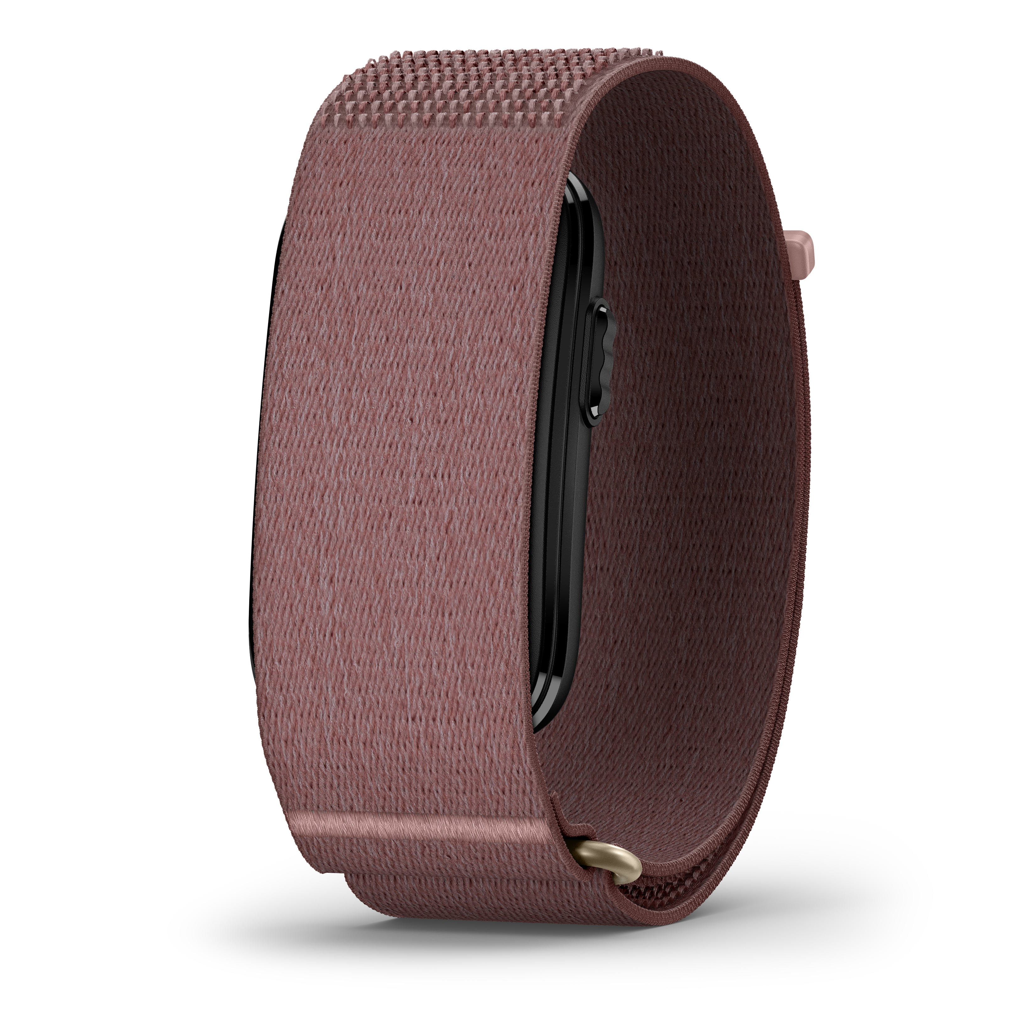 Ein rosafarbener Gewebe-Uhrenarmband mit einem schwarzen Gehäuse, auf weißem Hintergrund.
