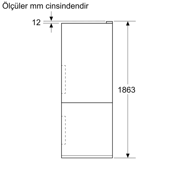 Ölçülü iki kapılı buzdolabı teknik çizimi.
