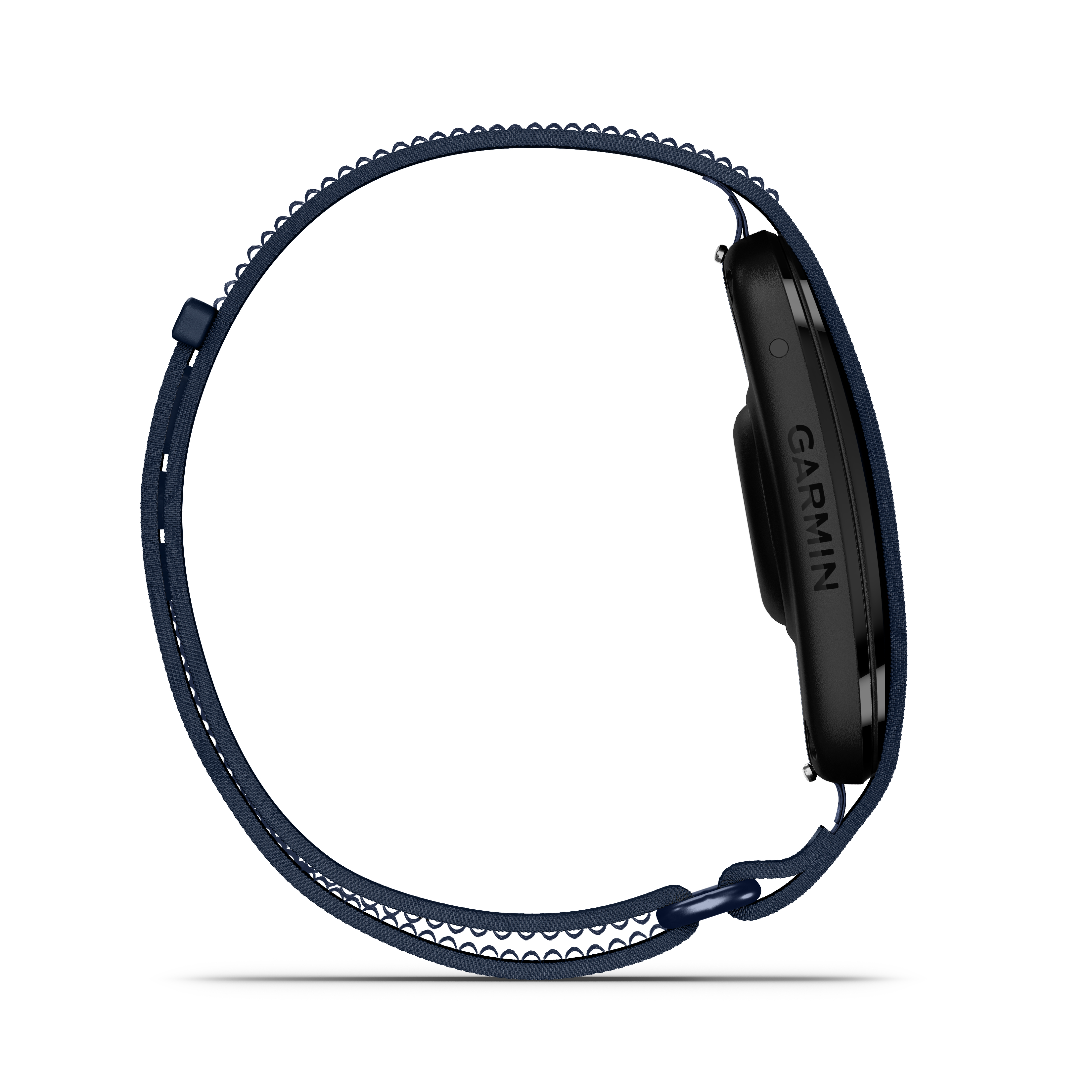 Eine dunkle Garmin-Smartwatch mit blauem Stoffarmband, auf weißem Hintergrund.