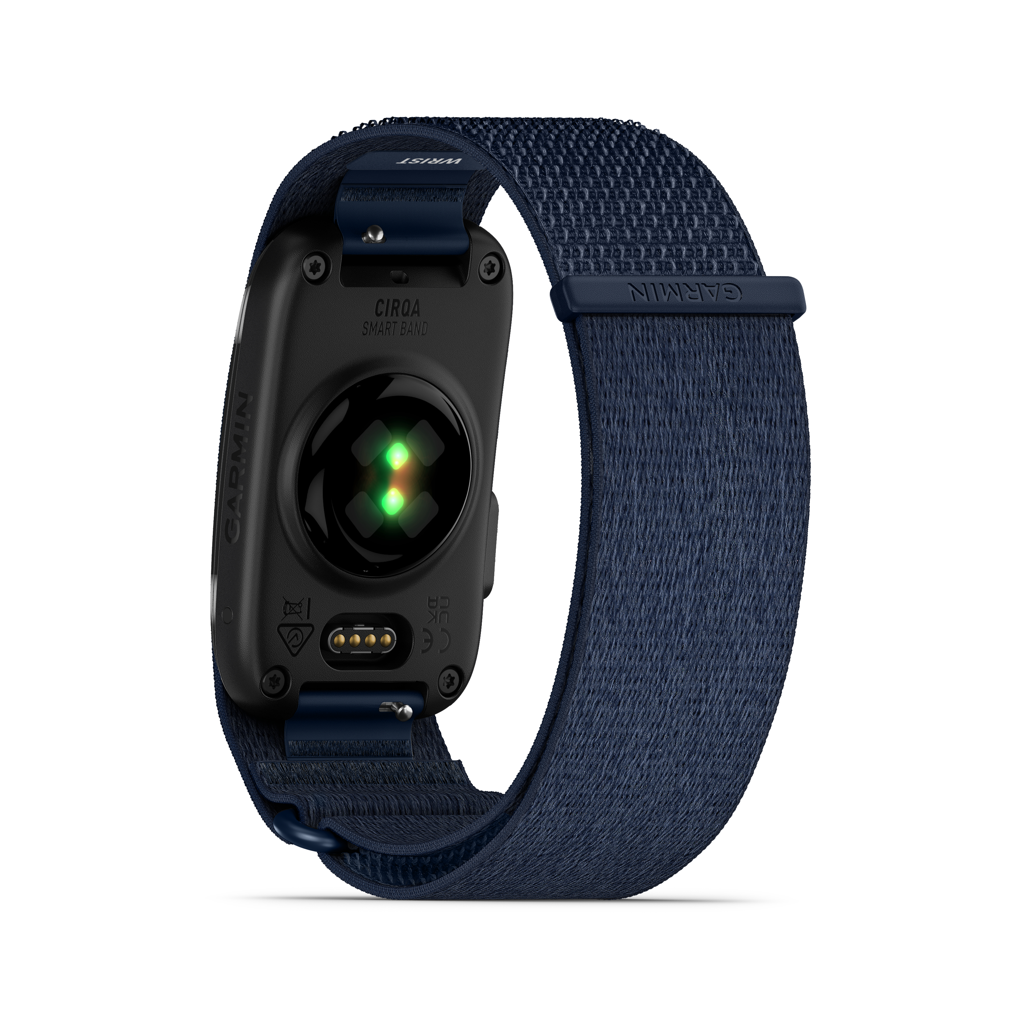 Rückseite einer dunkelblauen Smartwatch mit Herzfrequenzsensor und Stoffarmband.