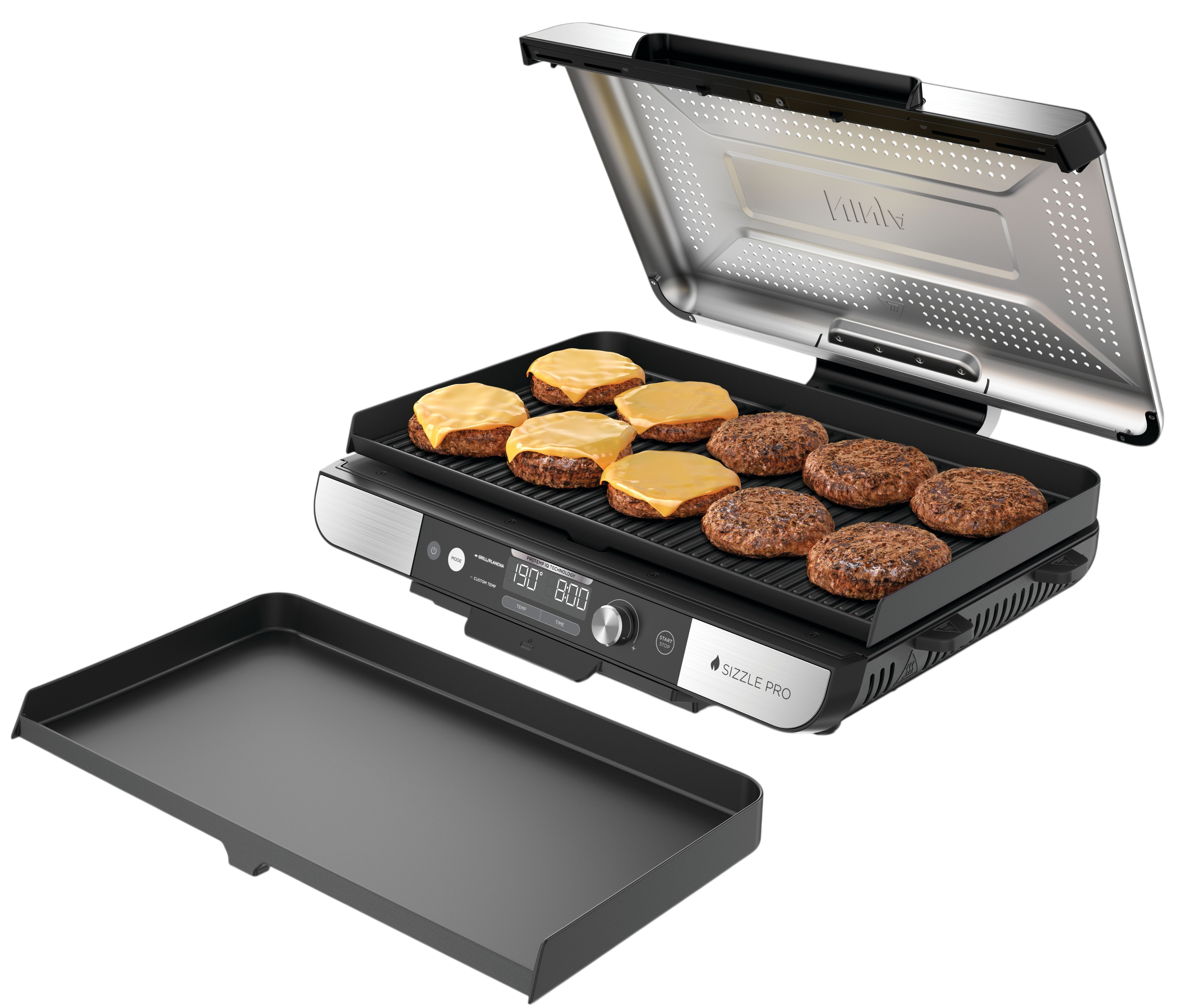 Ein elektrischer Grill mit sechs Burgern, vier davon mit Käse, und einer separaten Auffangschale.