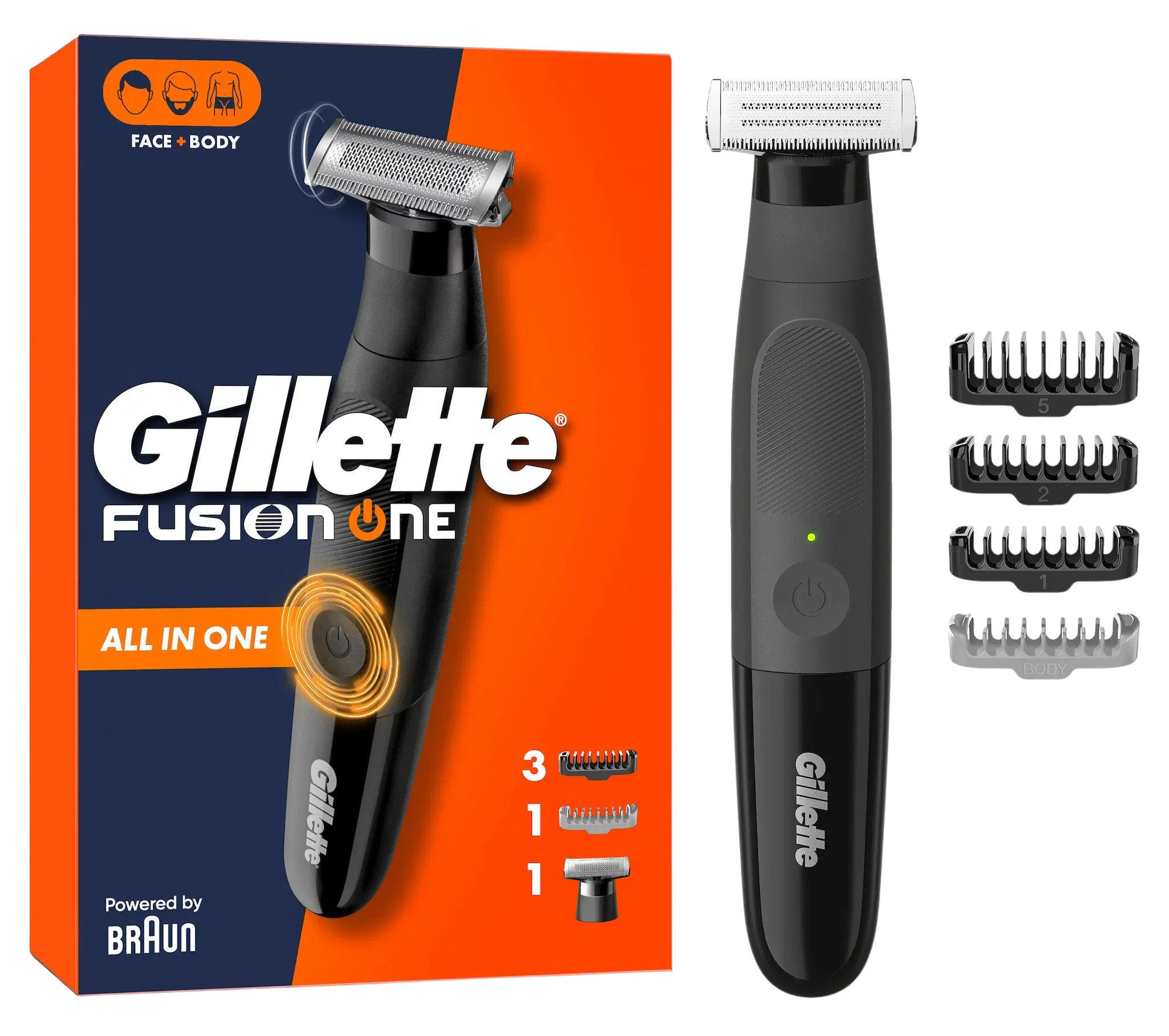 Gillette Fusion 5 All-in-One Trimmer mit Aufsätzen und Verpackung.