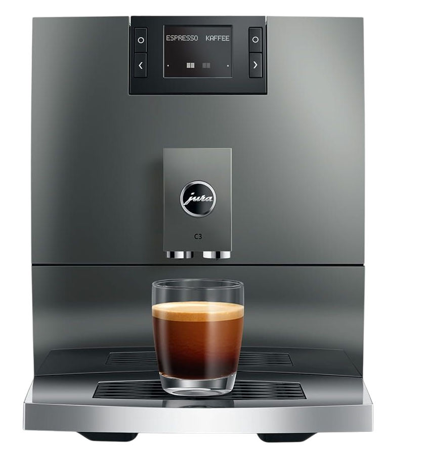Eine graue Kaffeemaschine mit einem Glas Espresso darauf.