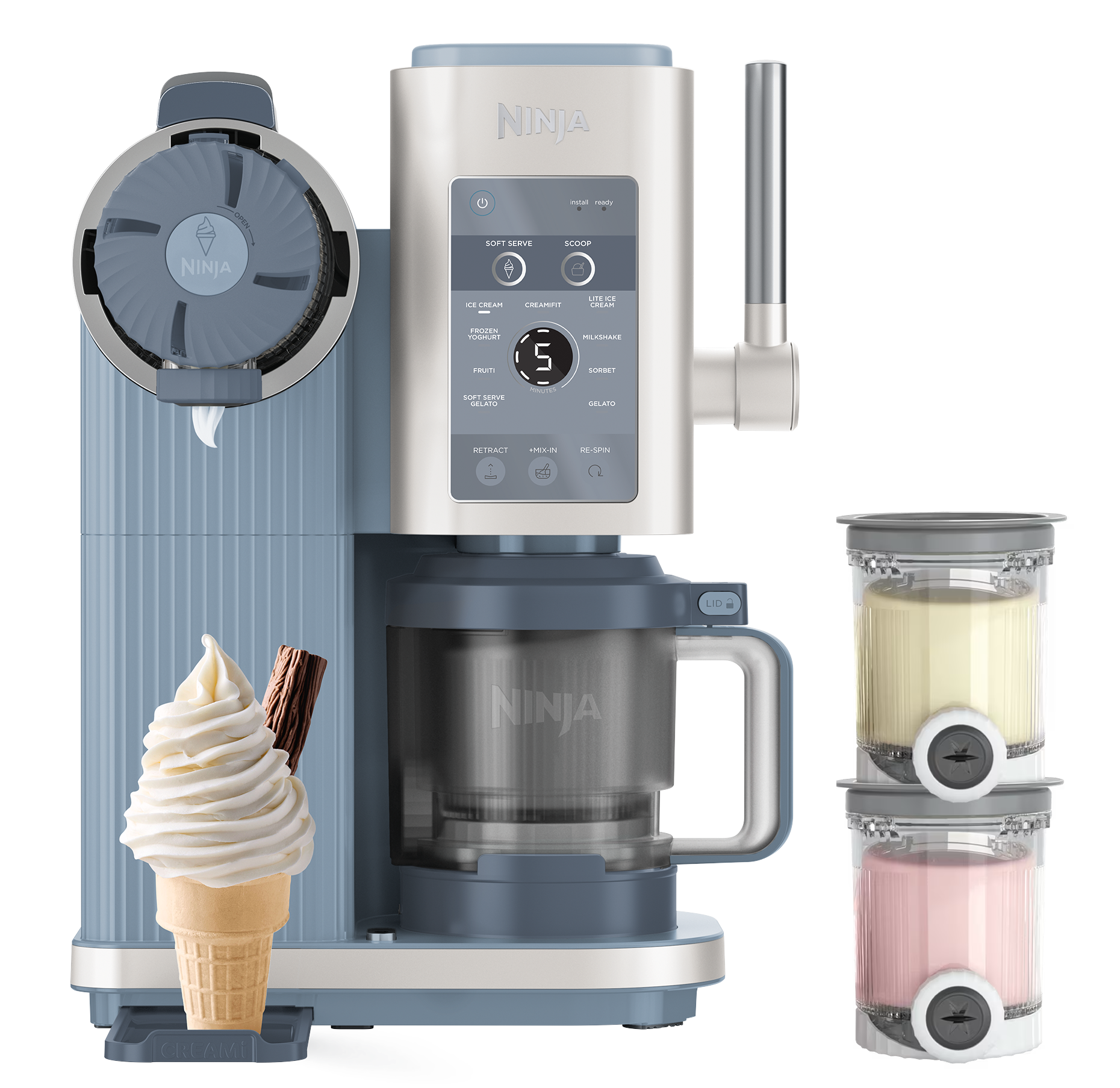 Ninja Eismaschine mit Eiswaffel und Schokoriegel, zwei Behälter.