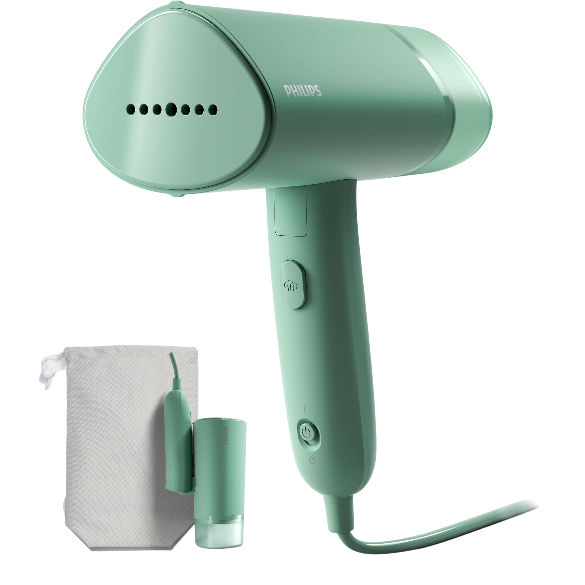 Ein mintgrüner Handdampfer von Philips mit Zubehör auf schwarzem Hintergrund.
