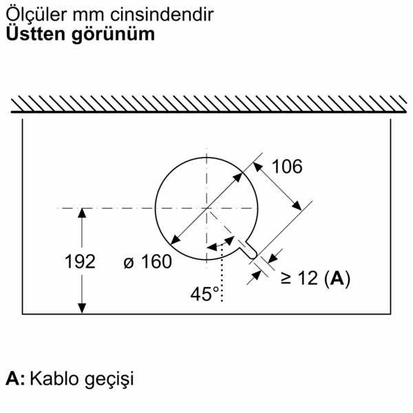 Teknik çizim: Daire çapı 160mm, mesafe 192mm, 106mm, 45 derece, A: Kablo girişi.