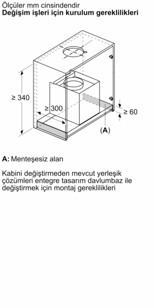Davlumbazın boyutları ve montaj gereksinimlerini gösteren teknik çizim.