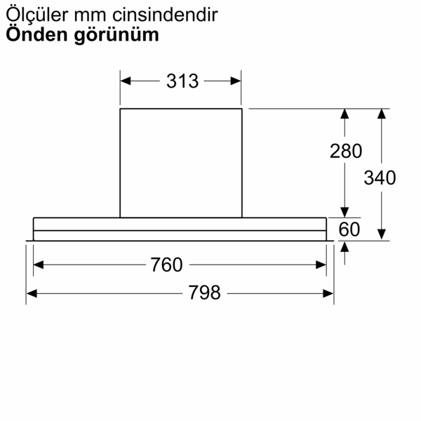 Ölçülü bir davlumbazın teknik çizimi.