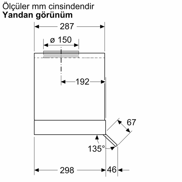 Teknik çizim ölçülerle: genişlik 287mm, derinlik 192mm, yükseklik 298mm.
