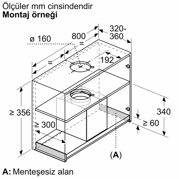 Davlumbazın mm cinsinden boyutları gösteren teknik çizimi.