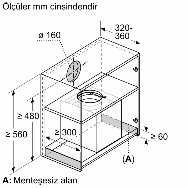 mm cinsinden ölçülere sahip bir davlumbazın teknik çizimi.