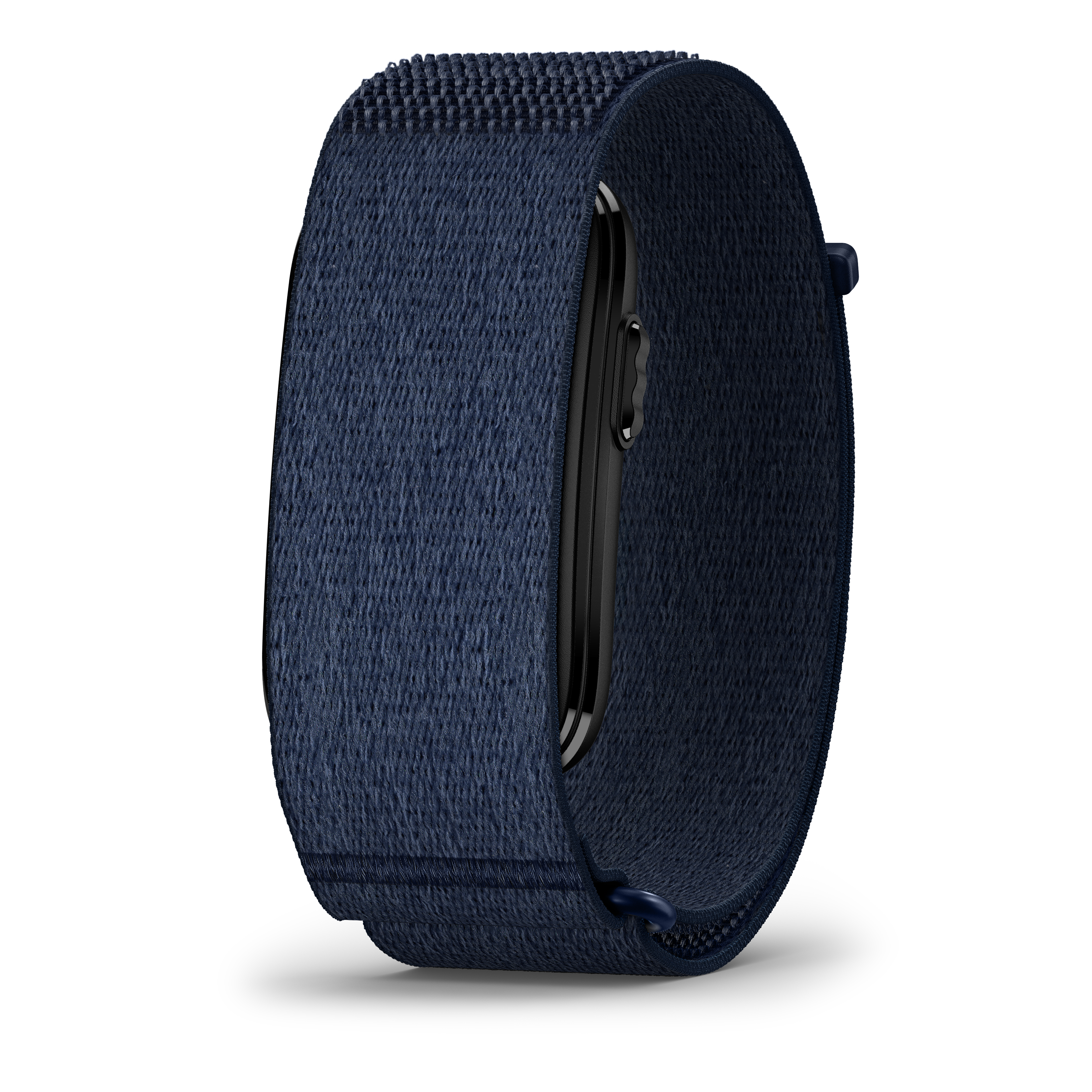 Dunkelblaues Stoffband mit schwarzem Verschlussdetail, auf weißem Hintergrund.