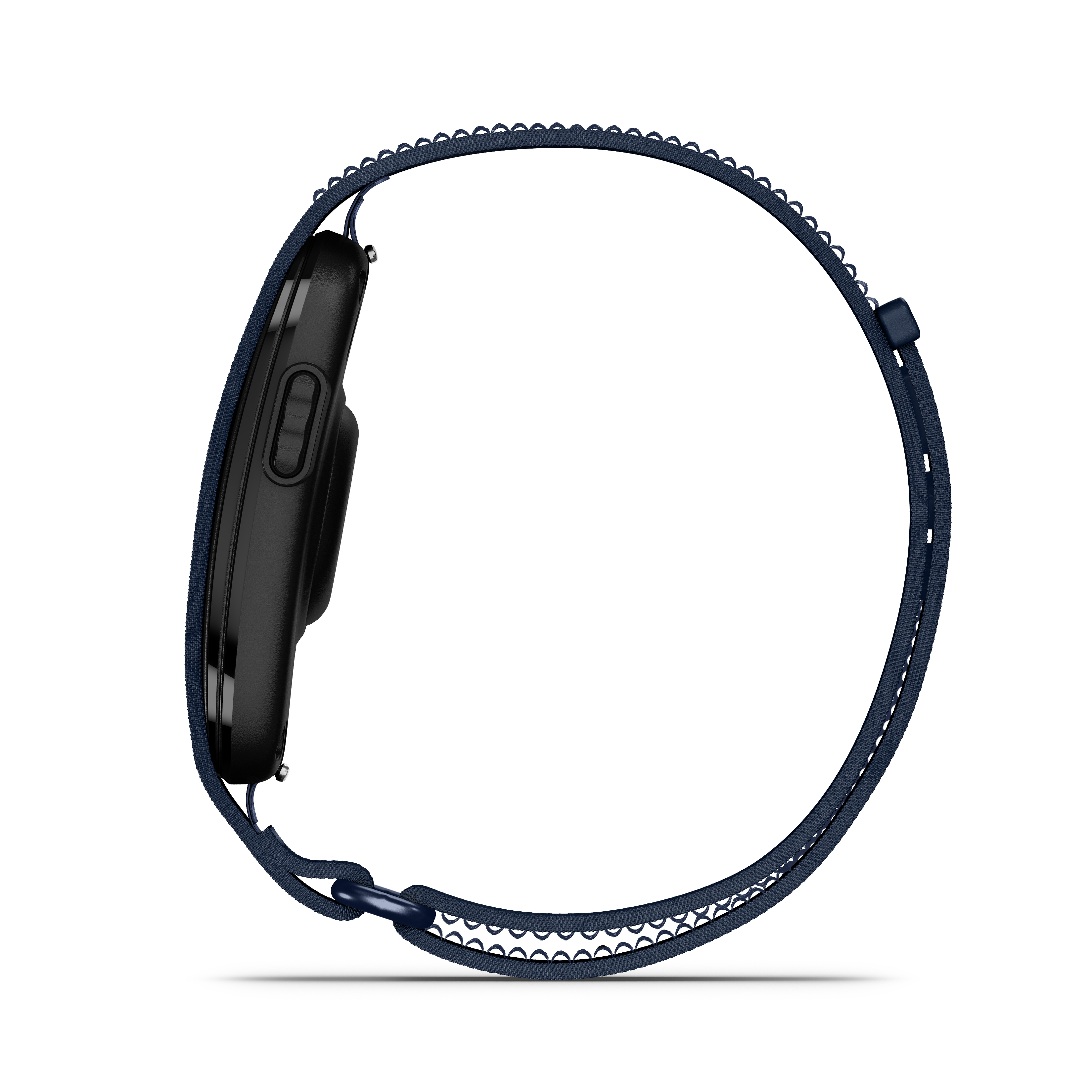 Schwarze Smartwatch mit blauem Stoffarmband und Wellenmuster.
