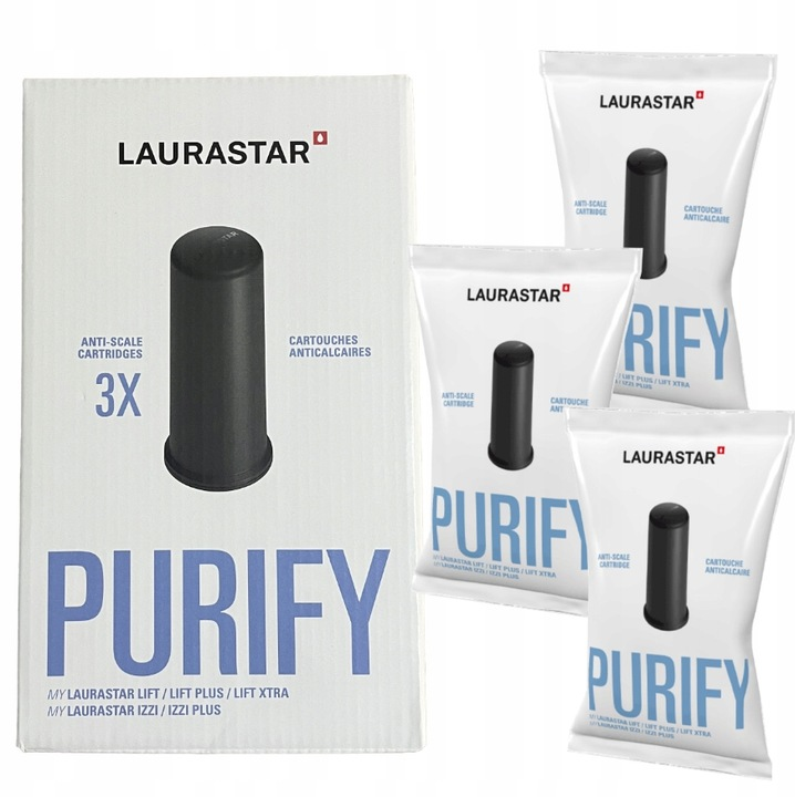 Wkłady antywapienne Laurastar Purify: jedno pudełko i trzy pojedyncze opakowania.