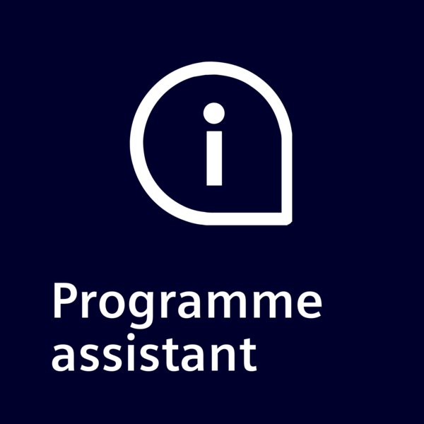 Konuşma balonunda bilgi simgesi, "Programme assistant" metninin üzerinde.