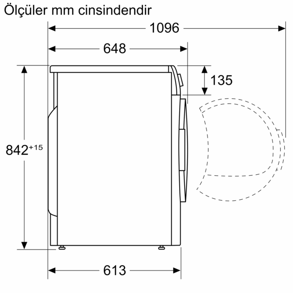 Ölçüler ve kapı açıklığı ile çamaşır makinesinin teknik çizimi.