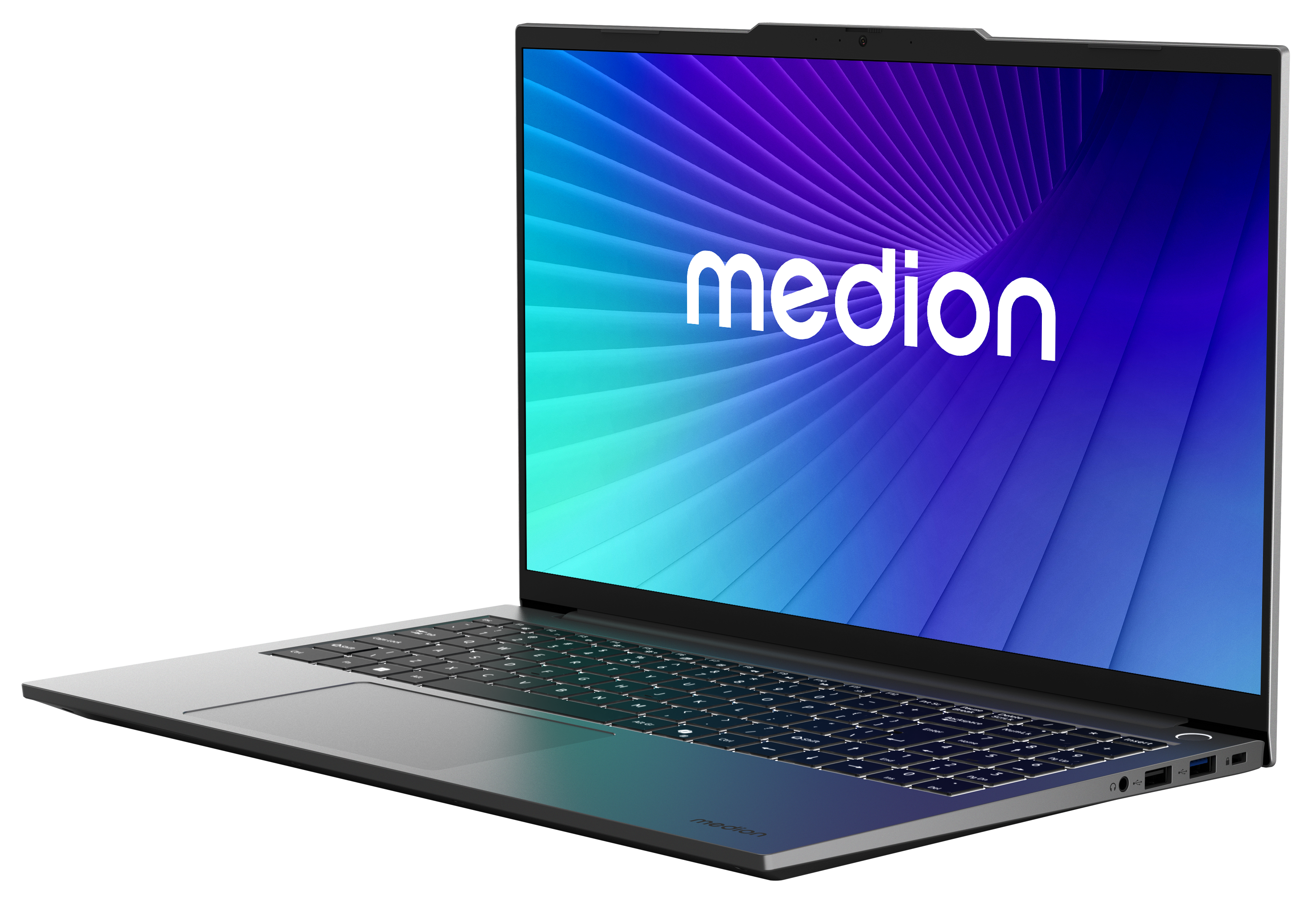 Ein silberner Medion Laptop mit blauem und lilafarbenem Bildschirmhintergrund.