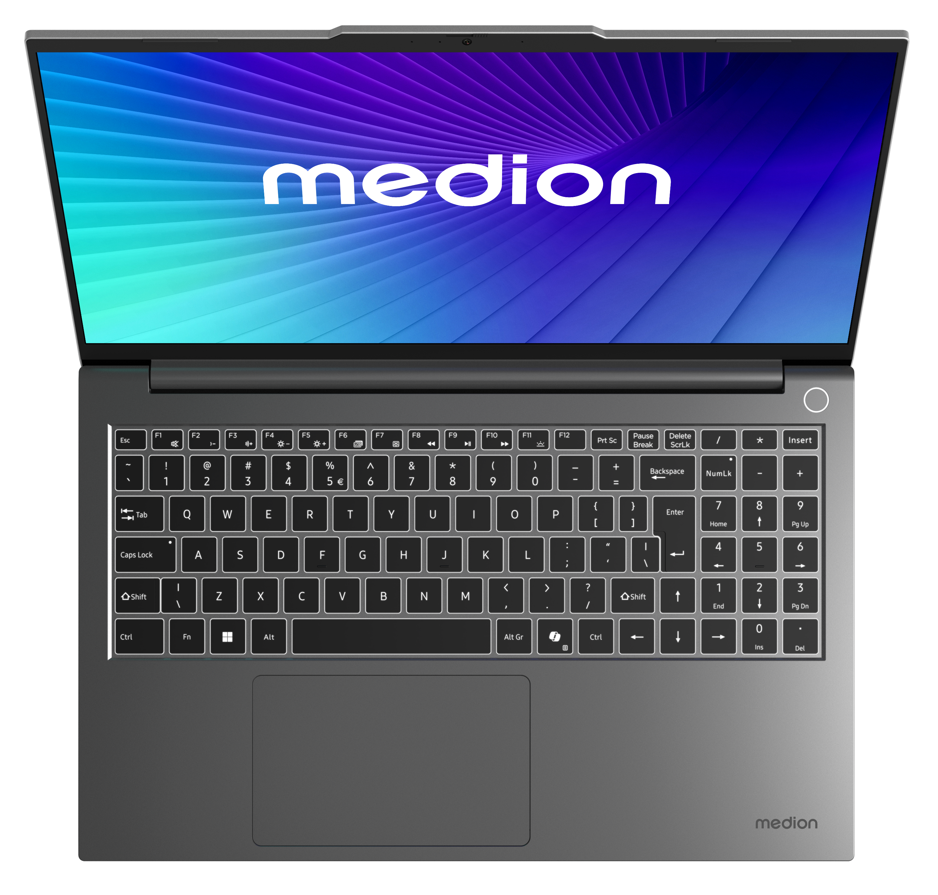 Ein geschlossener Laptop mit dem Medion-Logo auf dem Bildschirm und Tastatur.