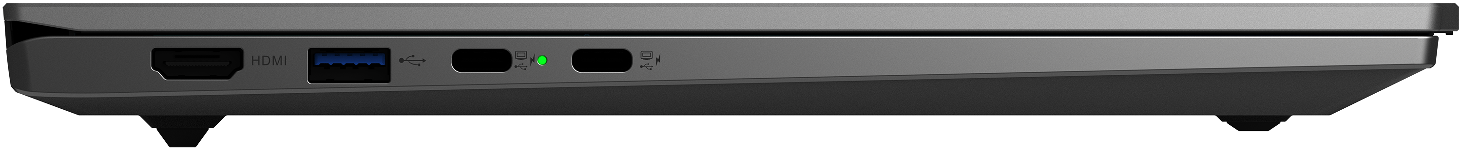 Graues Laptopgehäuse mit HDMI-, USB-Anschlüssen und grüner LED.