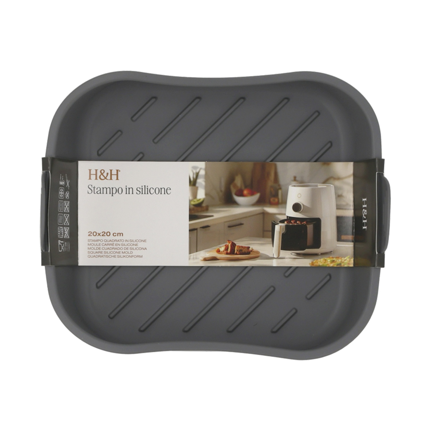 Stampo quadrato in silicone grigio per friggitrice ad aria con motivo a coste.