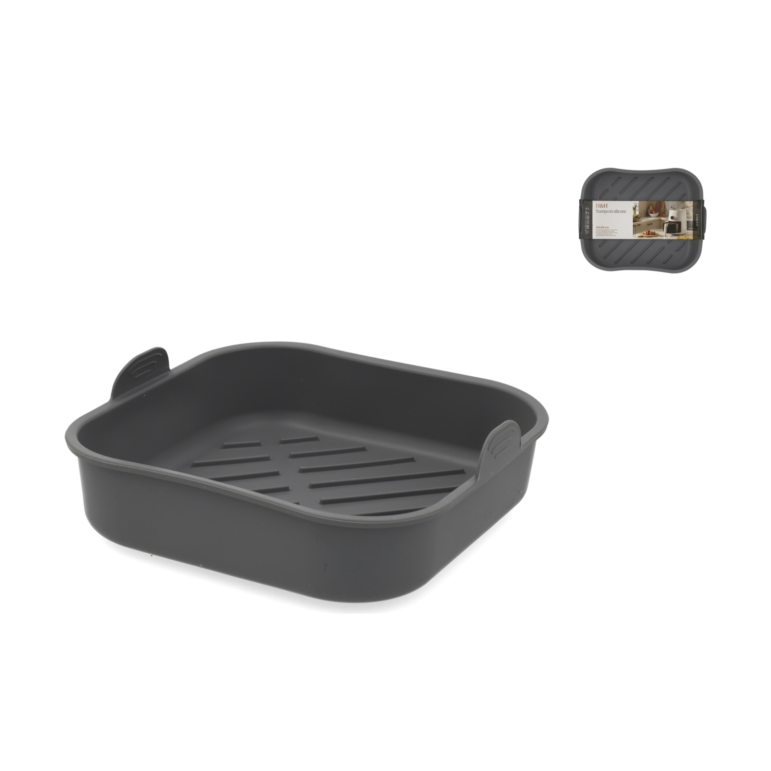 Stampo in silicone grigio per friggitrice ad aria con texture a coste e manici.