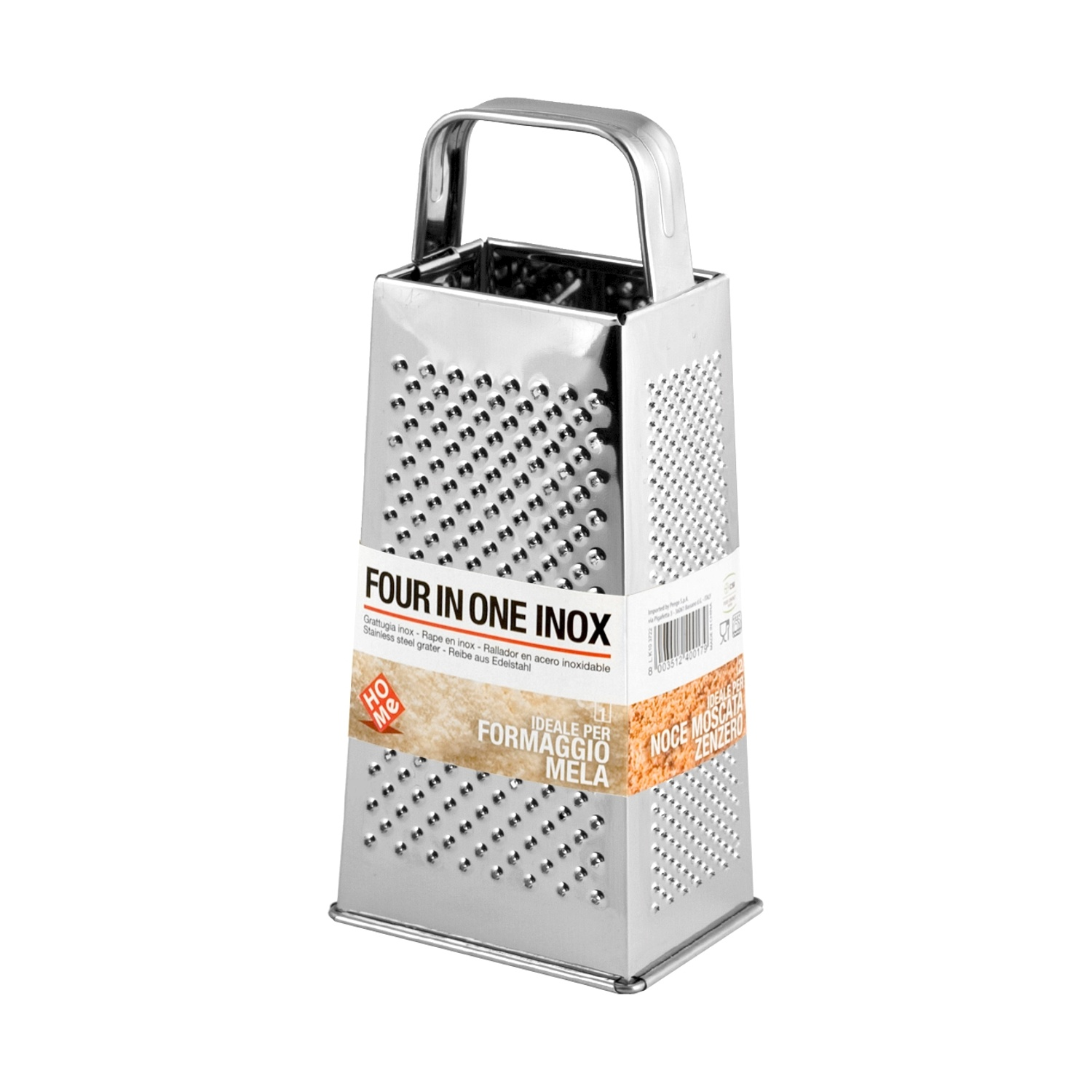 Grattugia quadrata in acciaio inox con manico e diversi fori.
