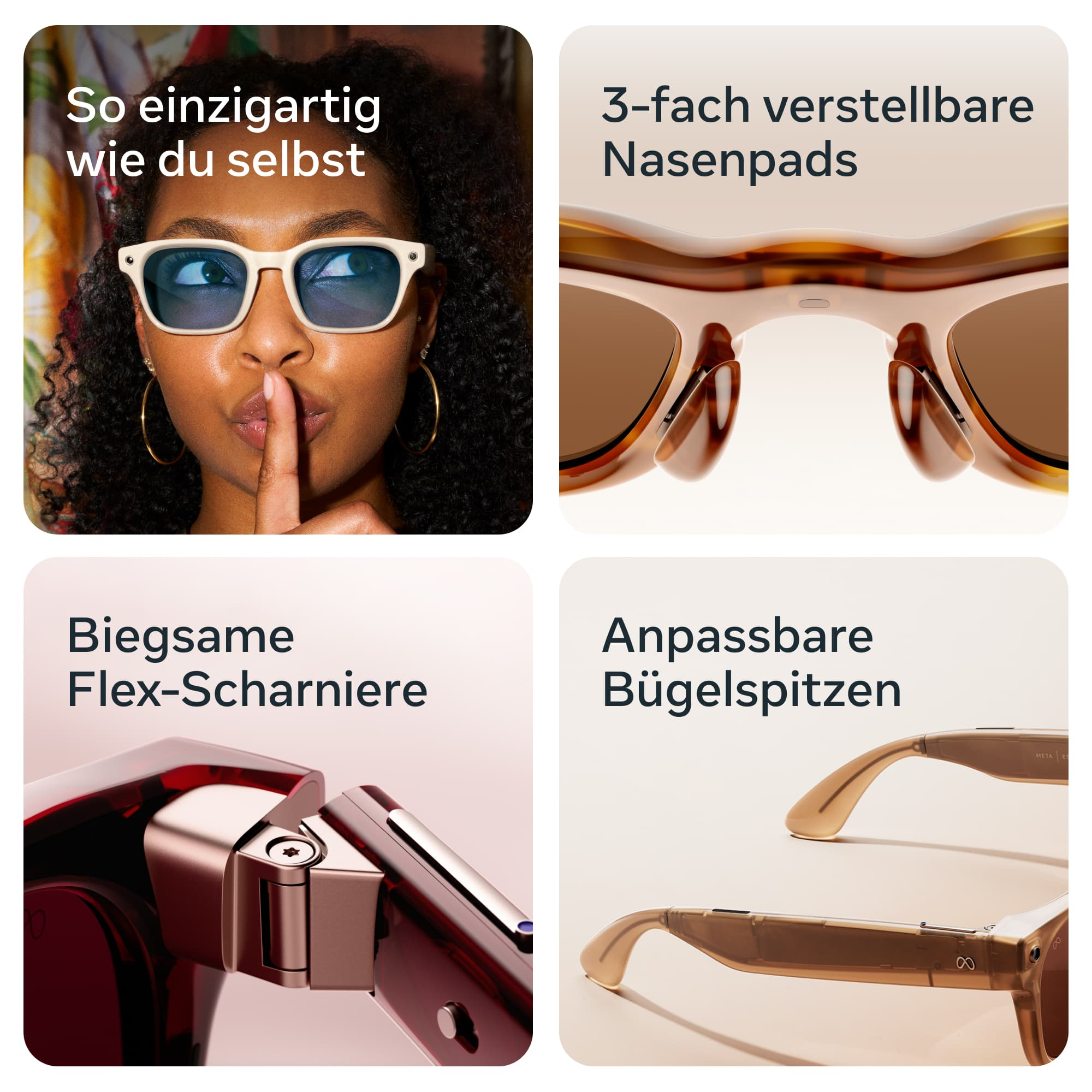Vier Bilder zeigen eine Frau und Details von Brillen: Nasenpads, Scharniere und Bügelspitzen.