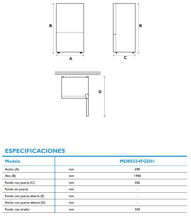 Diagramas muestran dimensiones del electrodoméstico: vistas frontal, lateral y puerta abierta.