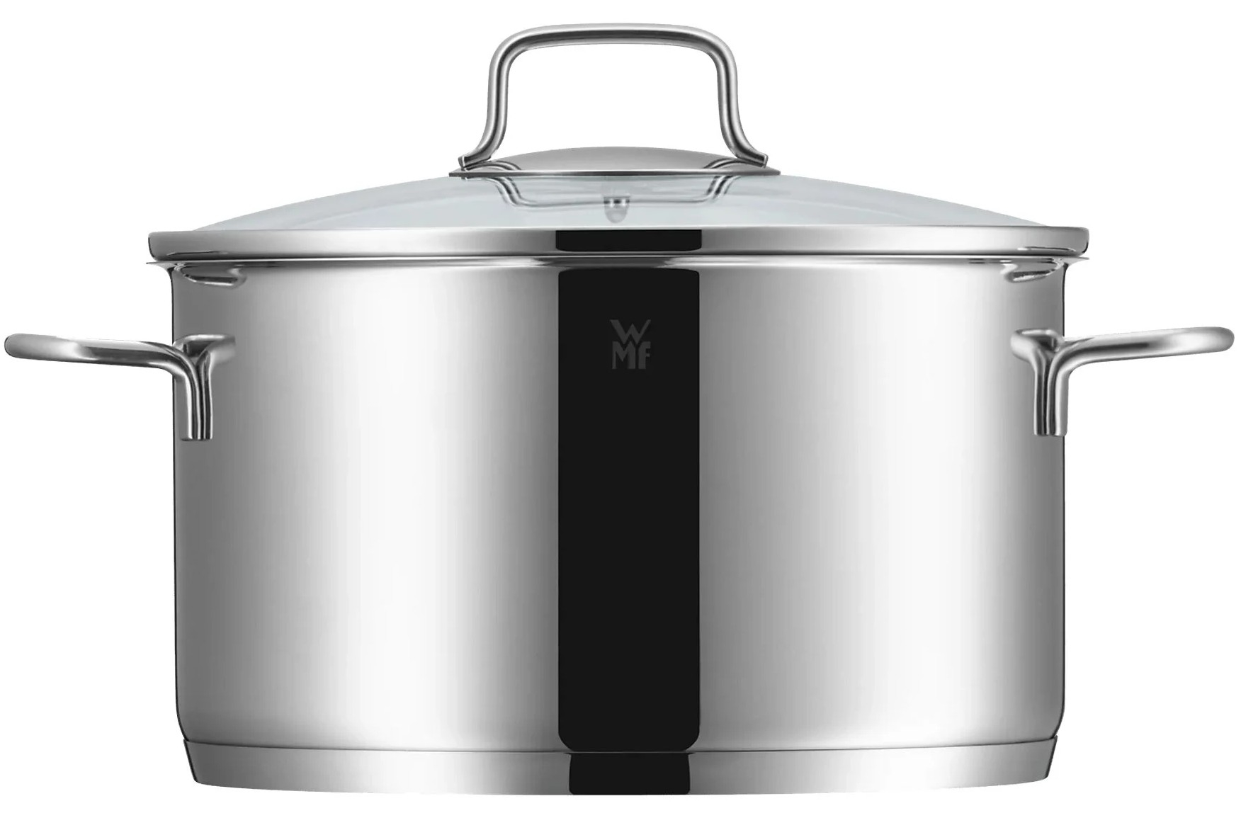 Eine silberne Kochtopf mit Deckel und Griffen, mit dem WMF-Logo.