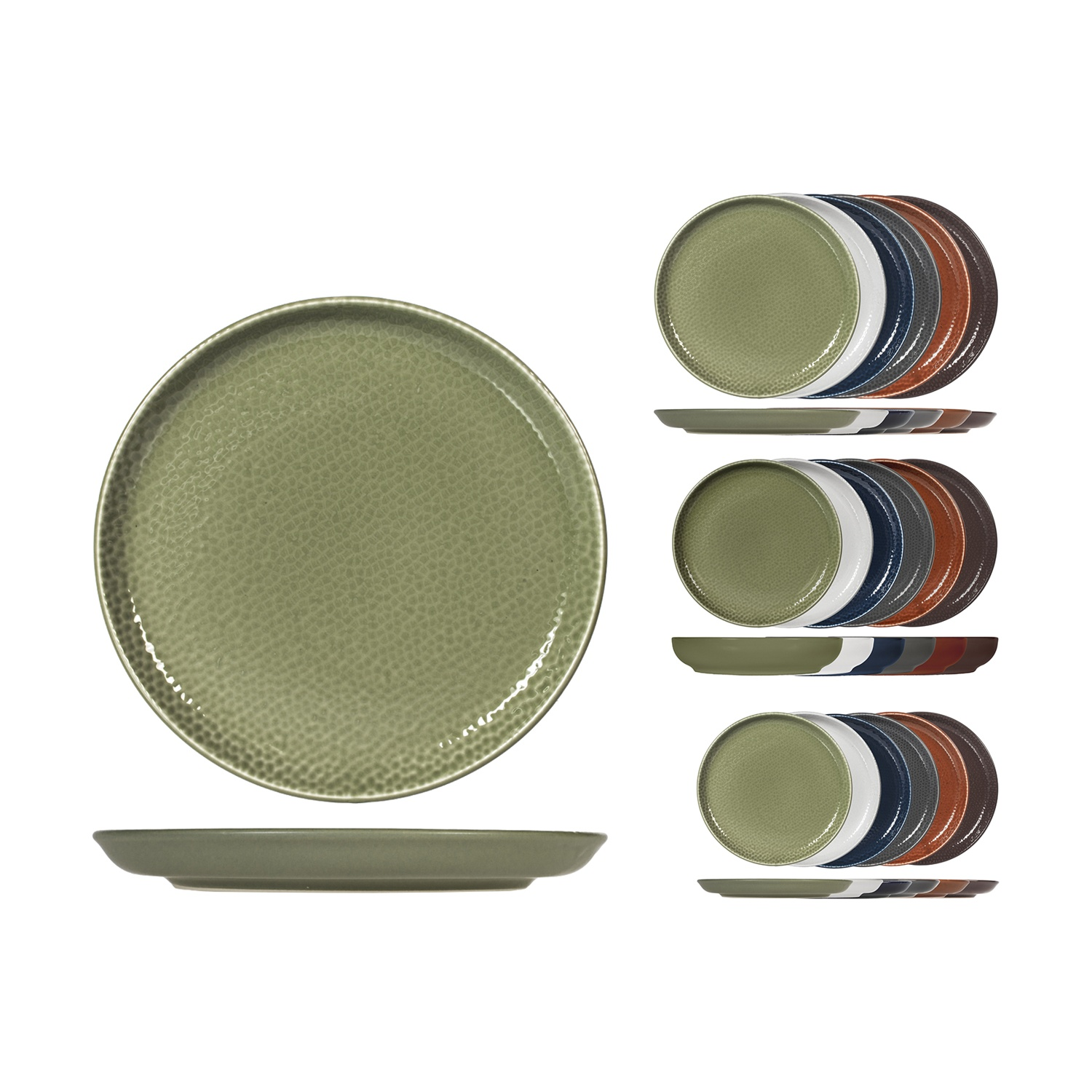 Un piatto verde singolo e piatti impilati in vari colori.