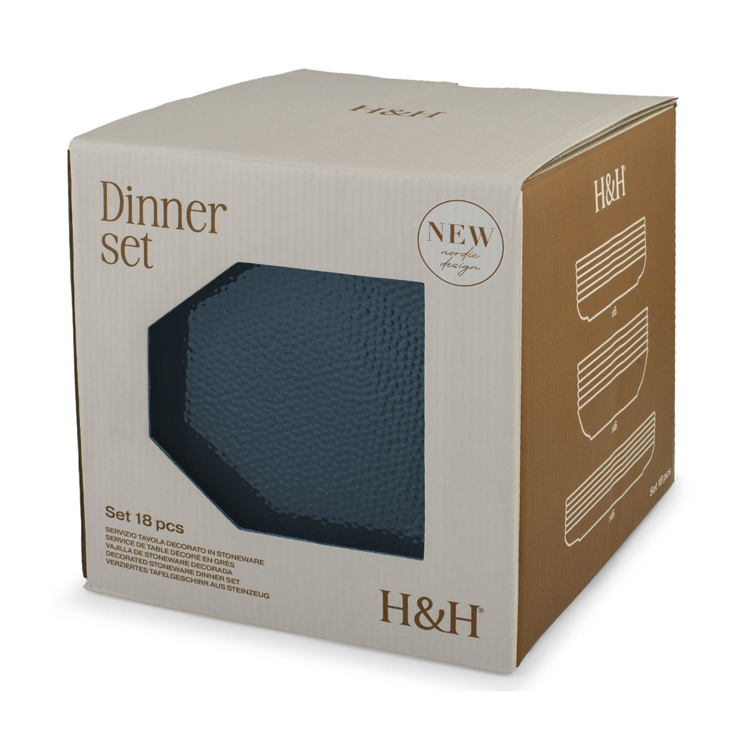 Scatola di un servizio da tavola in gres blu scuro etichettato 'Dinner set'.