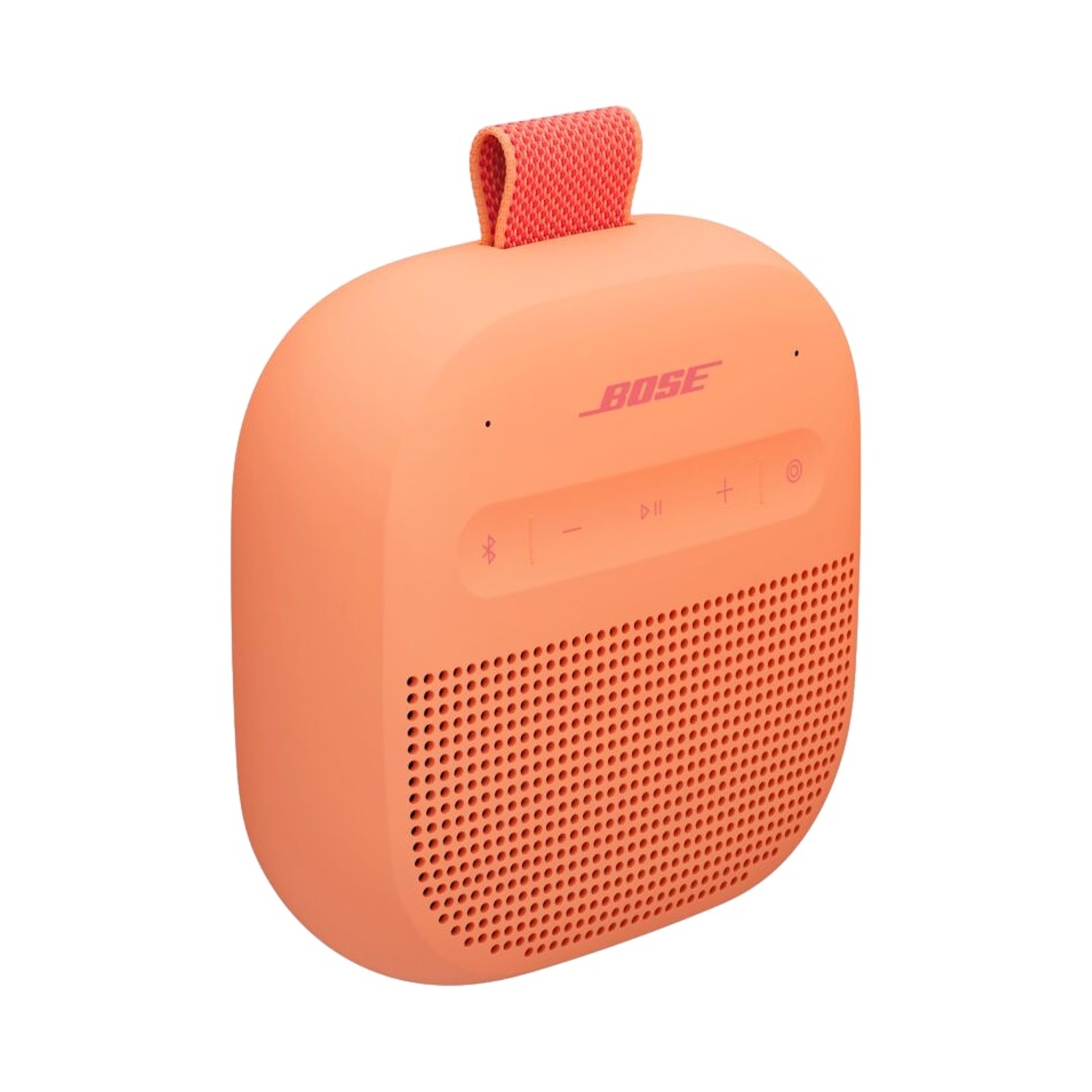 Un altoparlante Bose arancione con cinghia rossa.