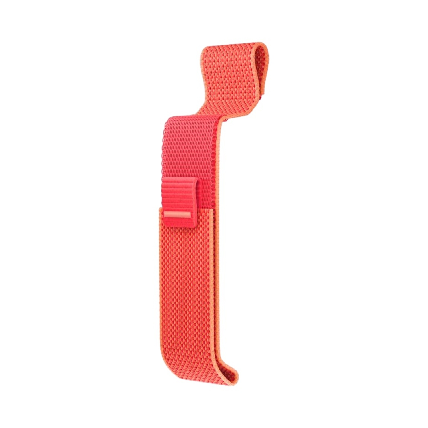 Un cinturino intrecciato color corallo con chiusura a strappo, che si curva verso il basso.