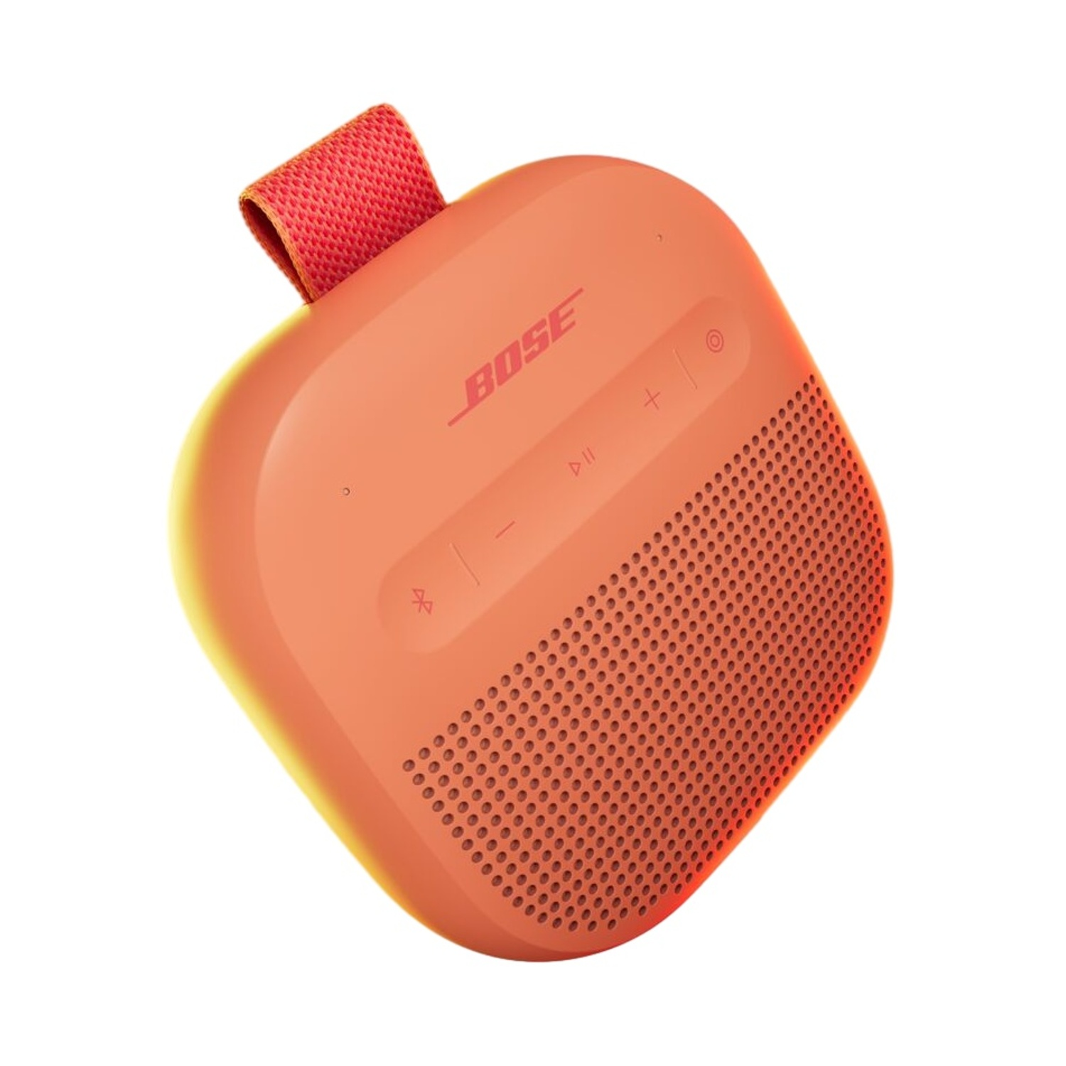 Altoparlante Bose arancione con anello rosso e pulsanti.