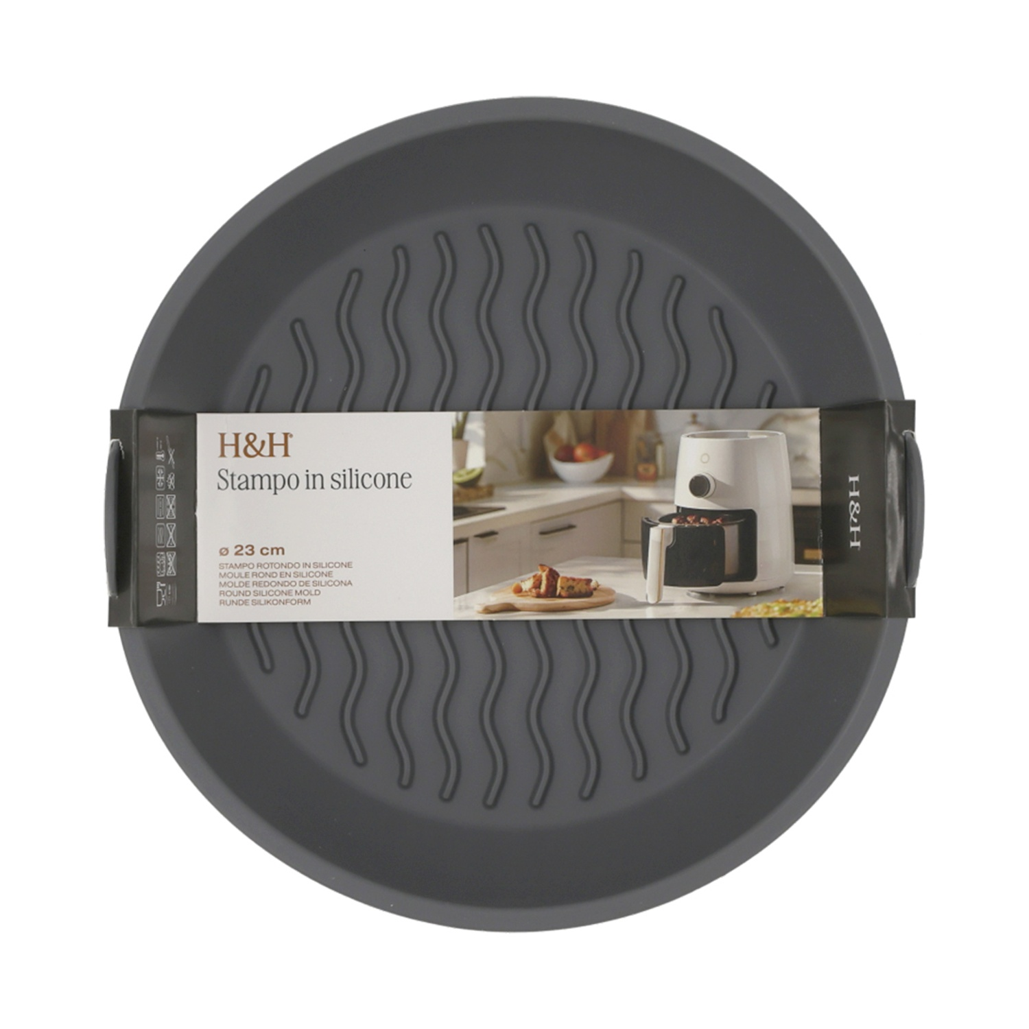 Stampo rotondo in silicone grigio con logo H&H e info.