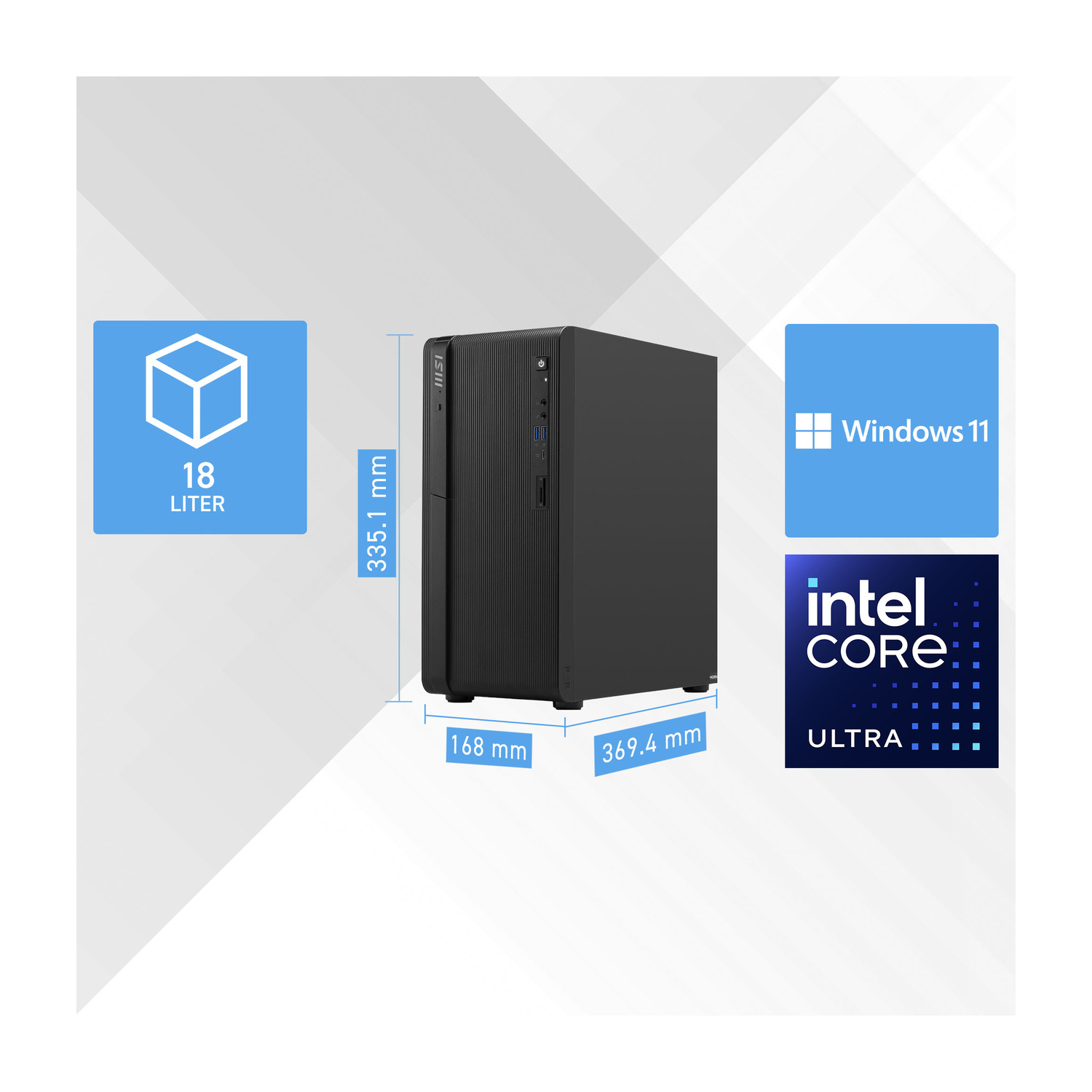 PC desktop nero con Intel Core Ultra, 18L, 335x168x369mm, Windows 11.