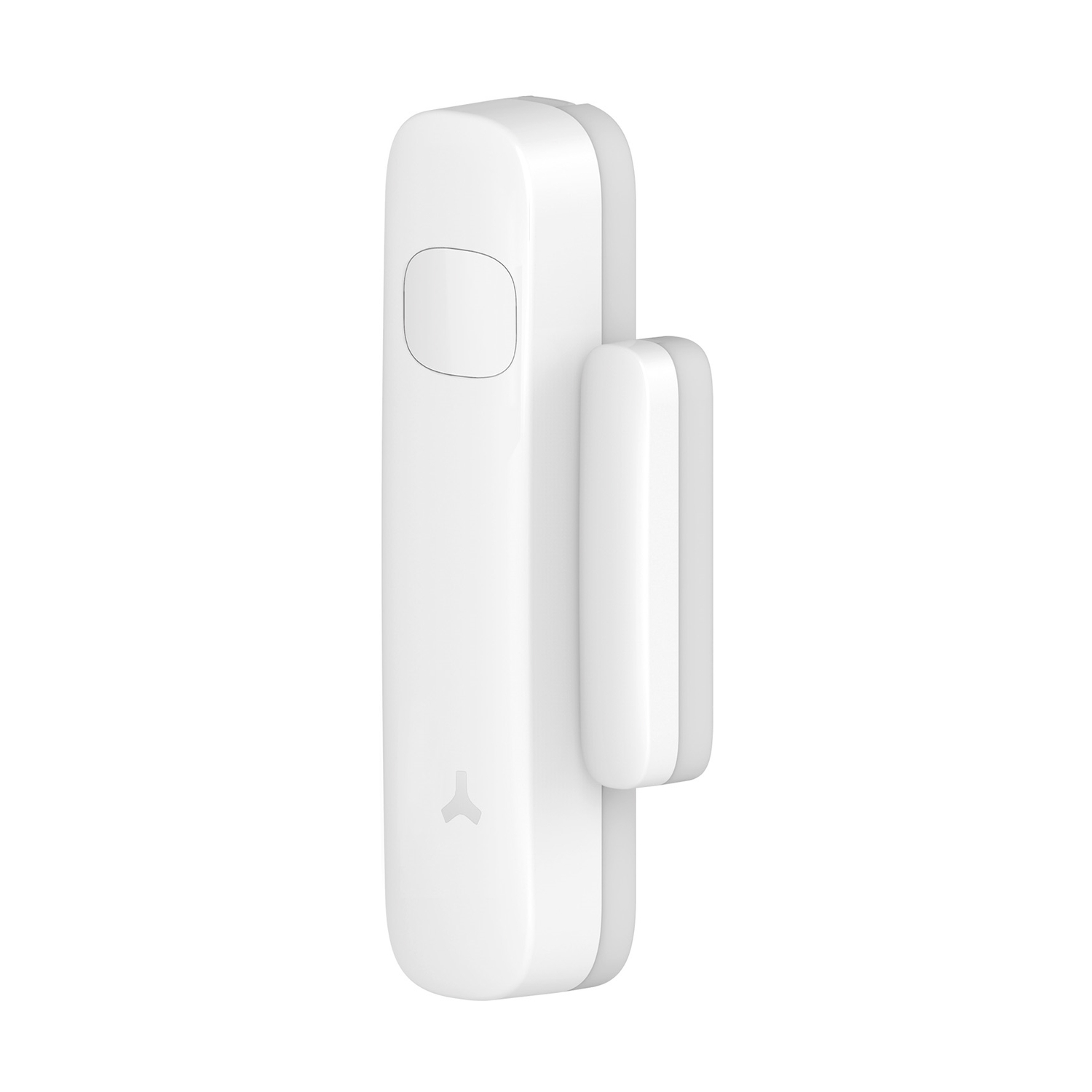 Un sensore di contatto bianco per porte/finestre con parte magnetica.