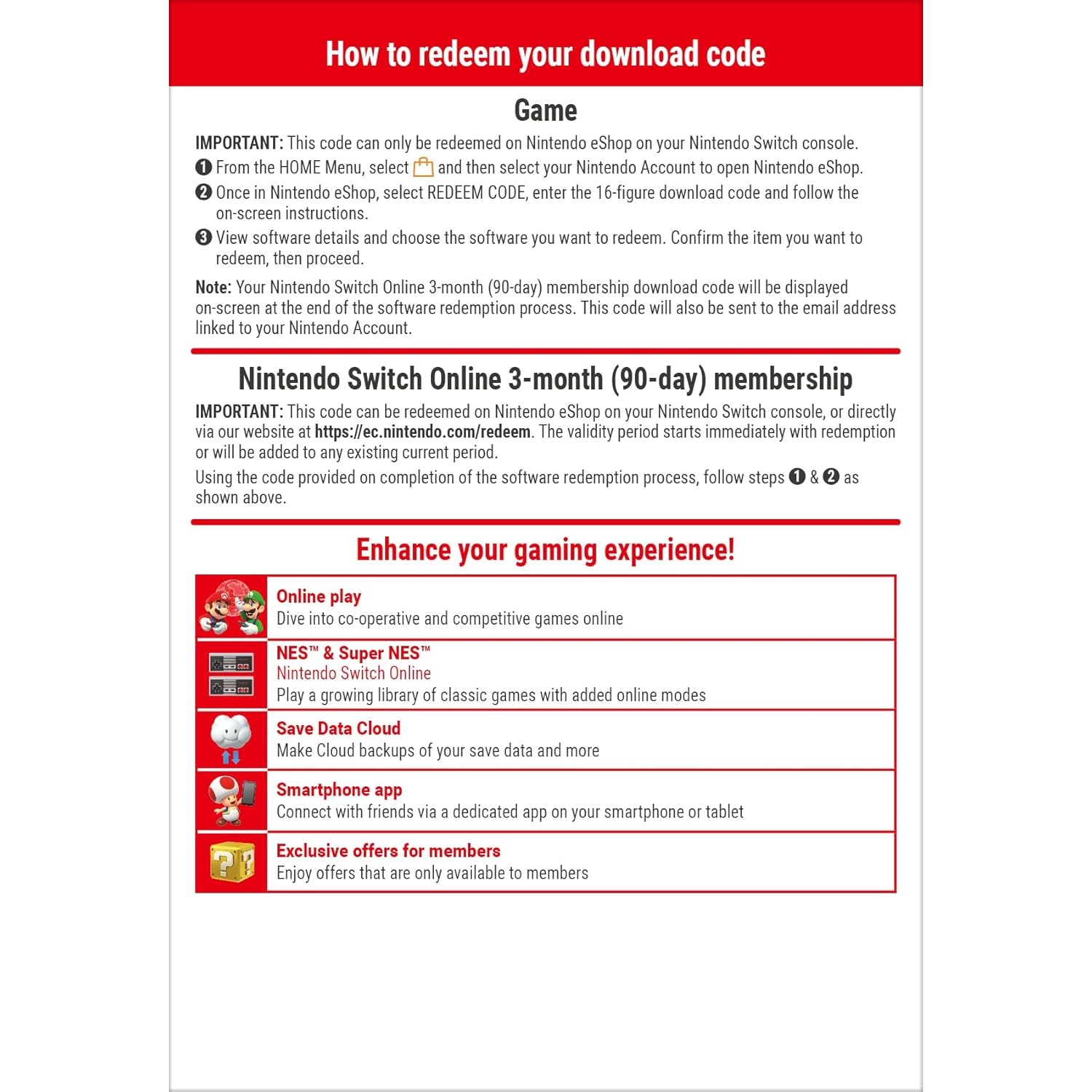 Instructions to redeem a download code for game and 90-day membership.