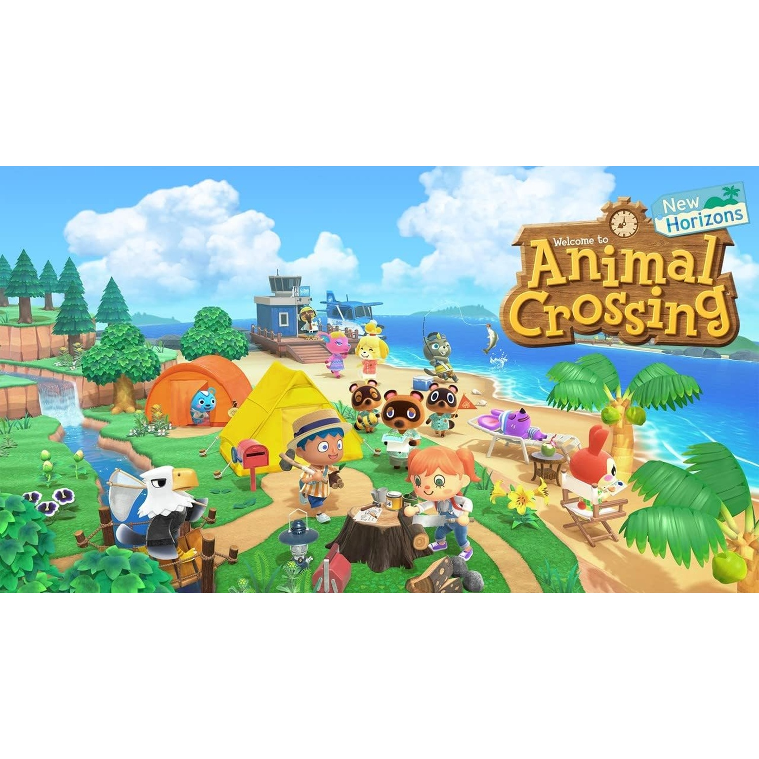Welcome to Animal Crossing New Horizons: characters are camping and relaxing on the beach.