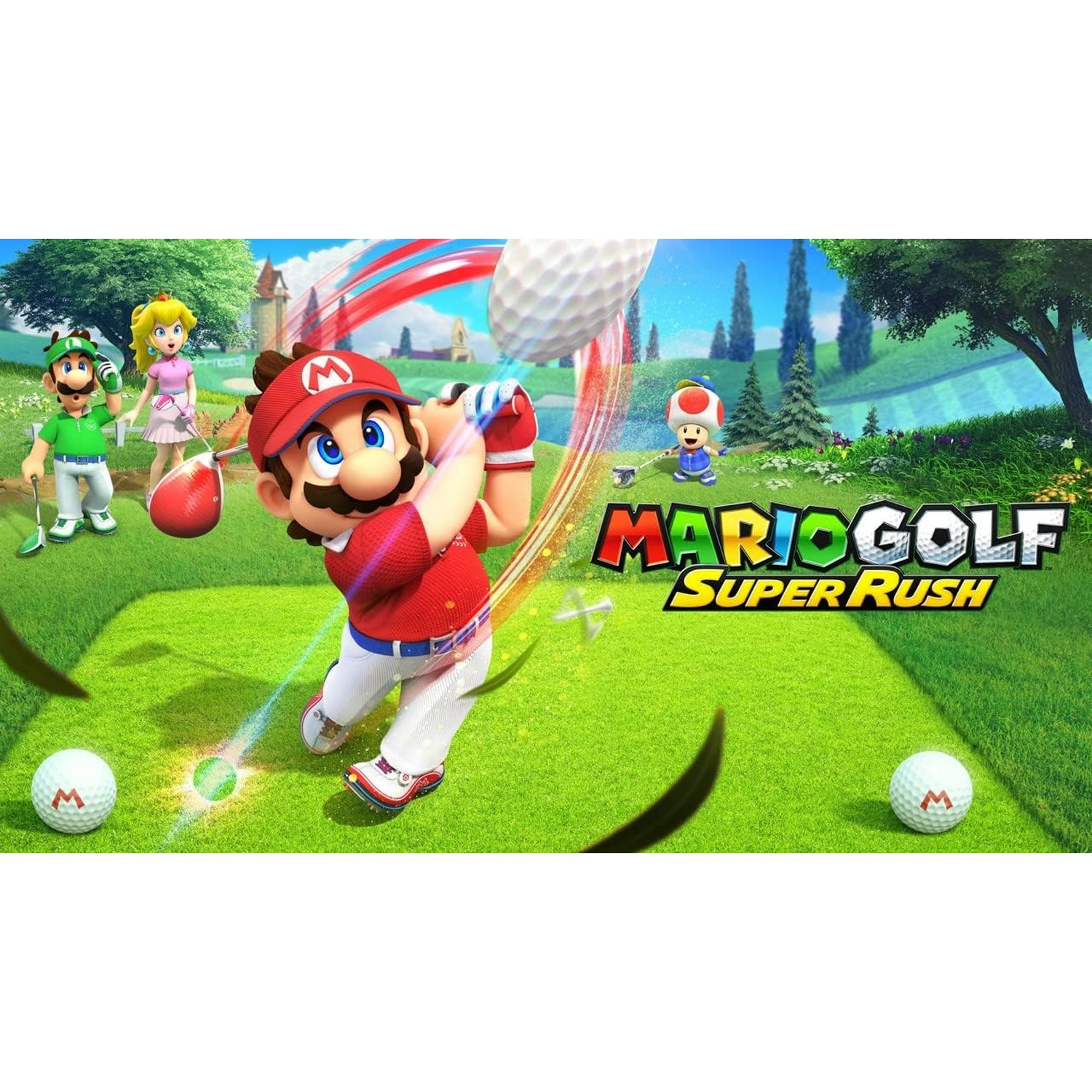 Mario swings a golf club, with Luigi, Peach & Toad in the background.
