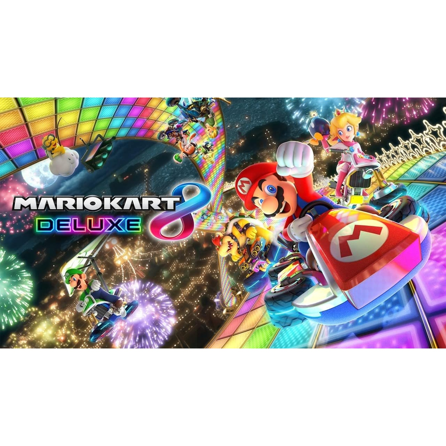 Mario Kart 8 Deluxe: Characters race on colorful track, fireworks in background.