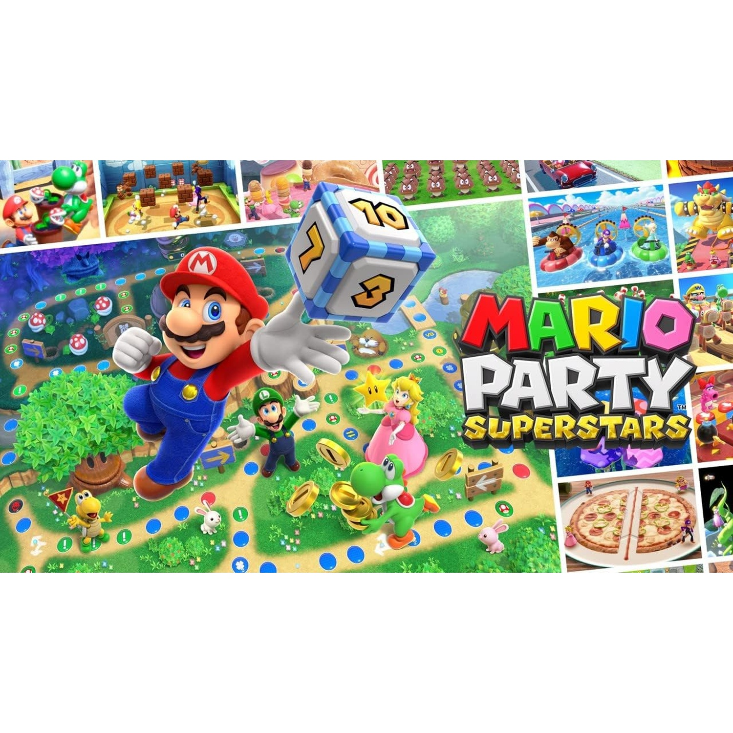 Mario, Luigi, Peach, Yoshi, and Toad on a game board with dice and coins.