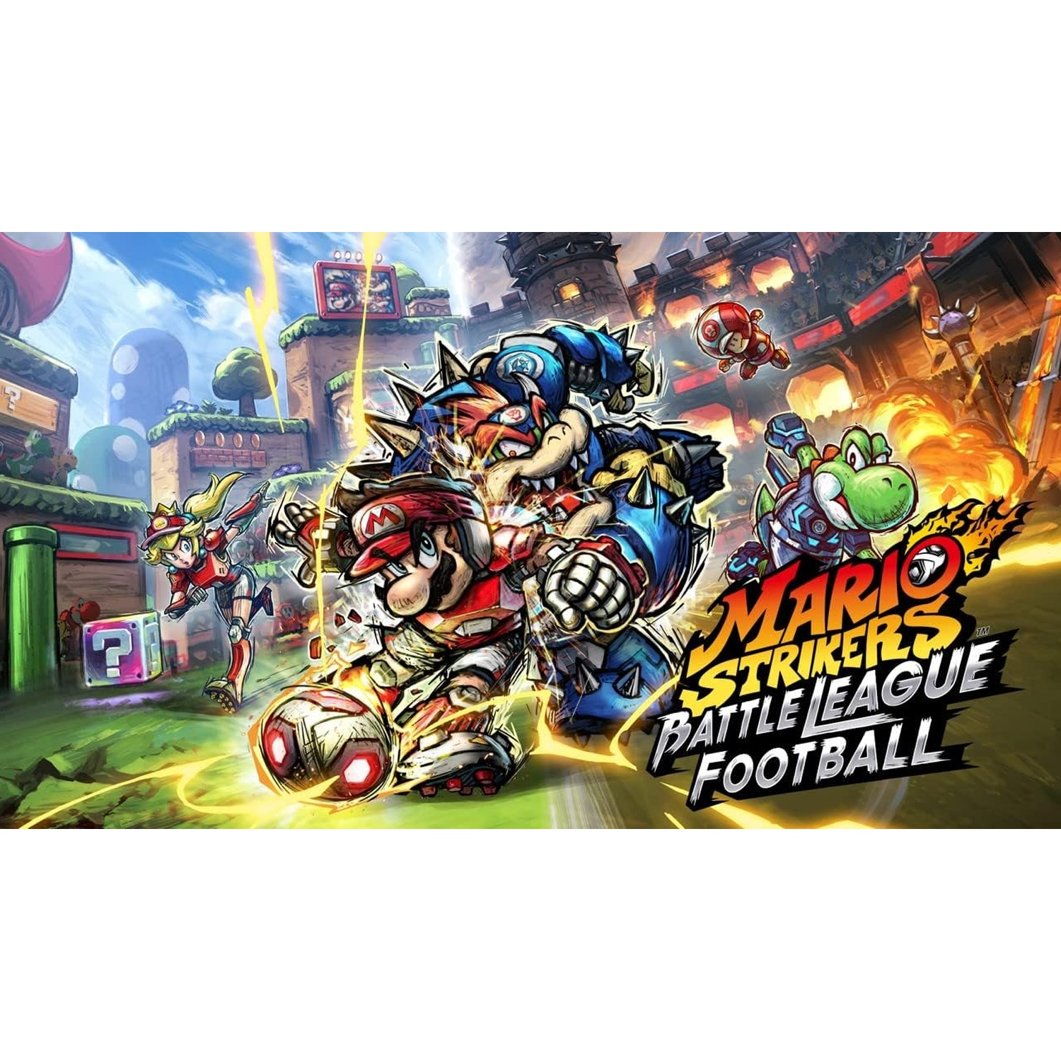 Mario characters play intense soccer in a futuristic stadium with explosions and lightning.