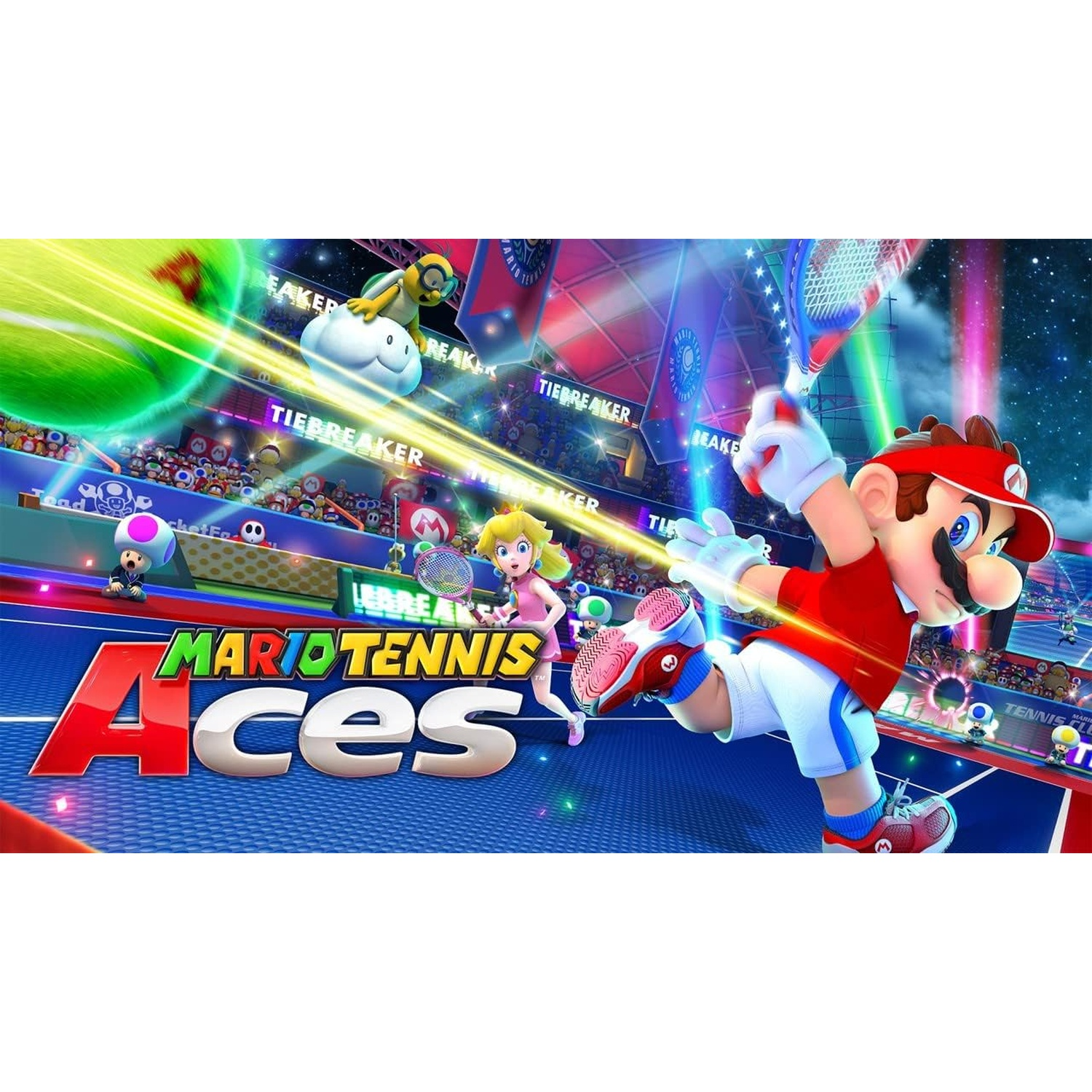 Mario and Princess Peach play tennis on a blue court with many spectators.