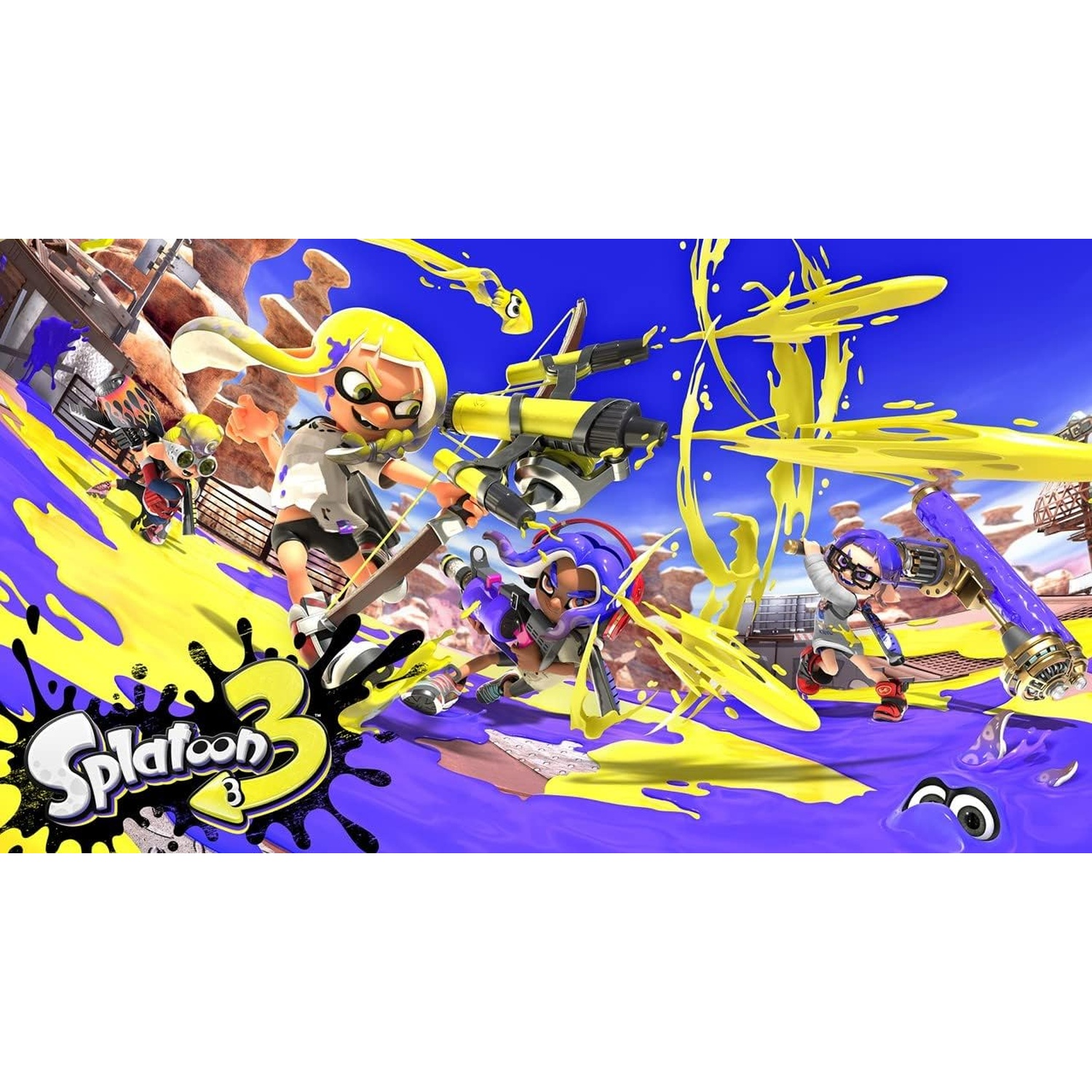 Four characters in colorful outfits splash yellow and purple ink on a playground.