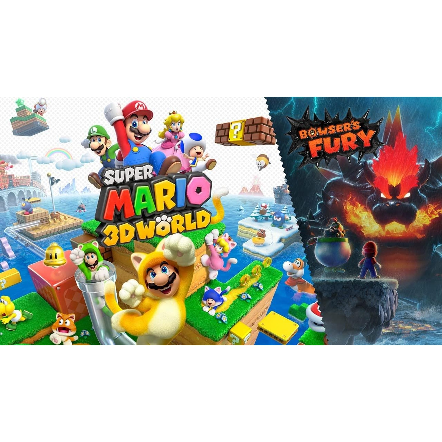 Super Mario 3D World & Bowser's Fury: Characters on green islands and a fiery catastrophe.