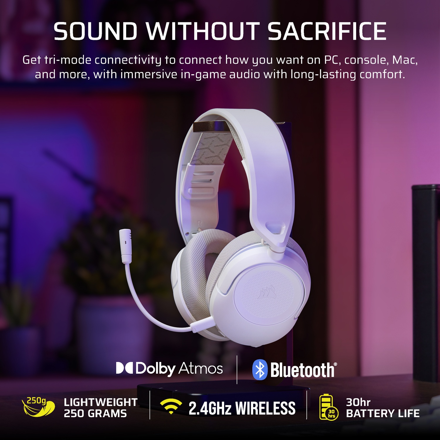 Un casque blanc avec micro, Dolby Atmos, Bluetooth et 30h d'autonomie.