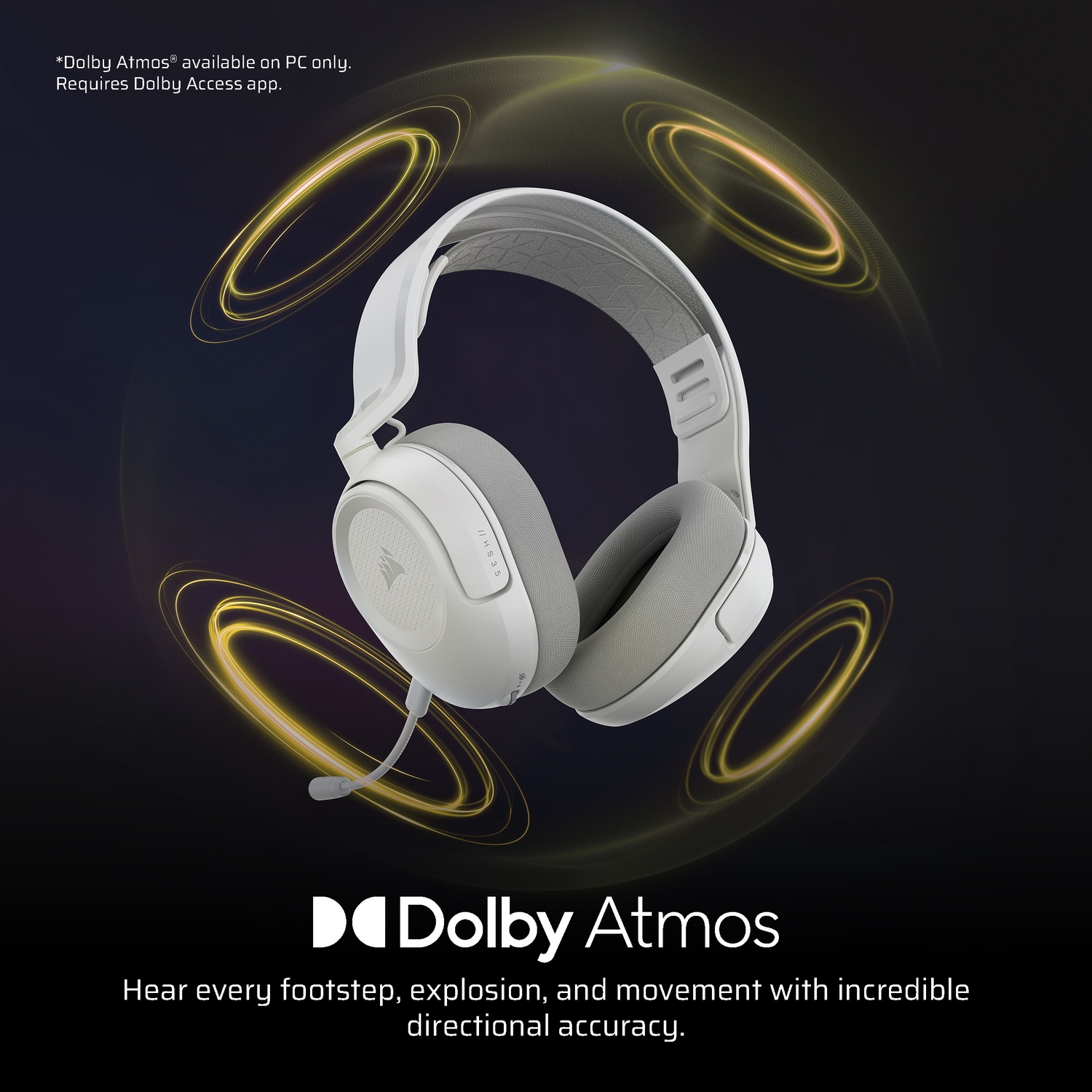 Casque blanc avec ondes sonores jaunes. Logo et texte Dolby Atmos.