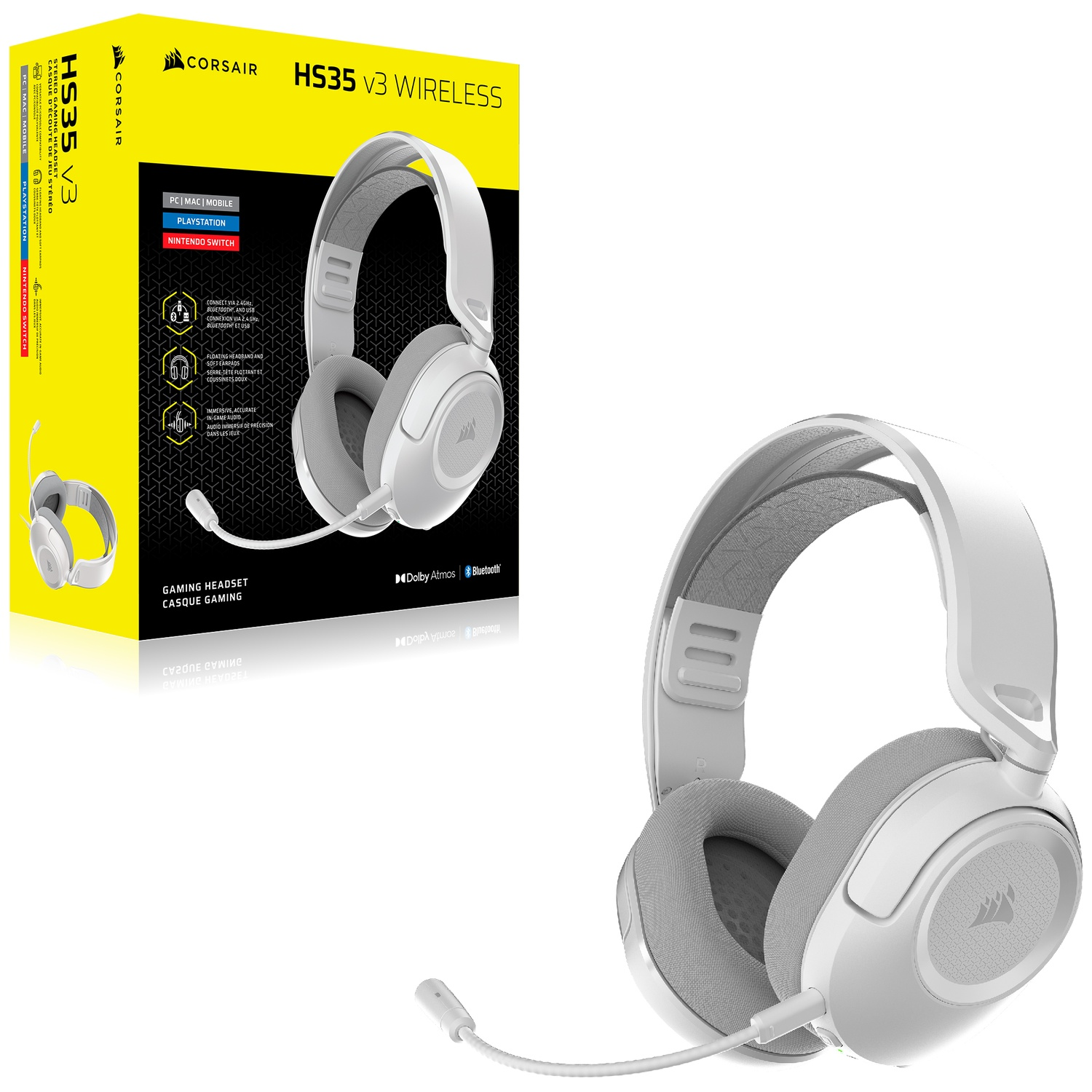 Un casque gaming sans fil blanc Corsair HS35 V3 à côté de sa boîte.
